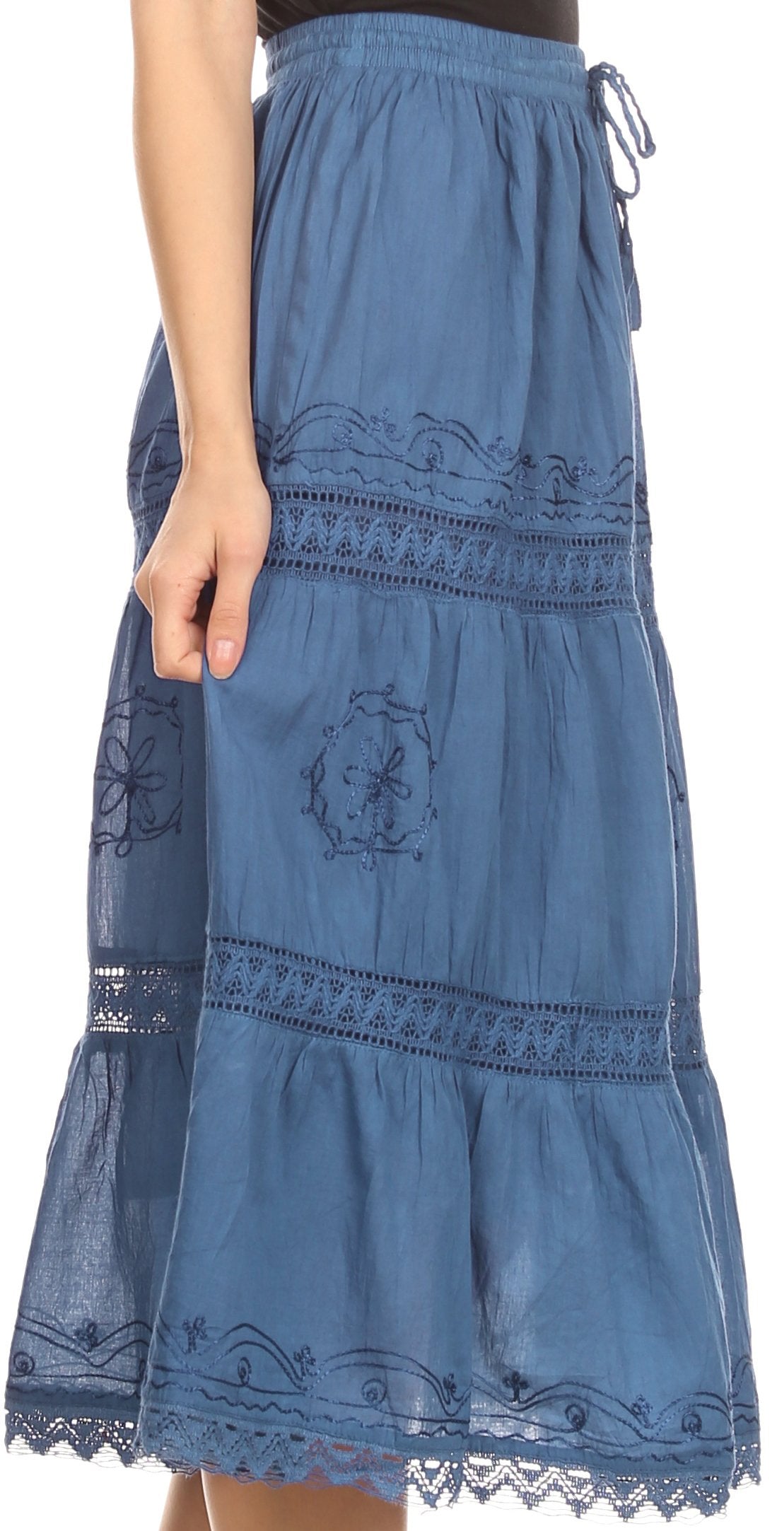 Sakkas Solid Embroidered Gypsy Bohemian Mid Length Cotton Skirt
