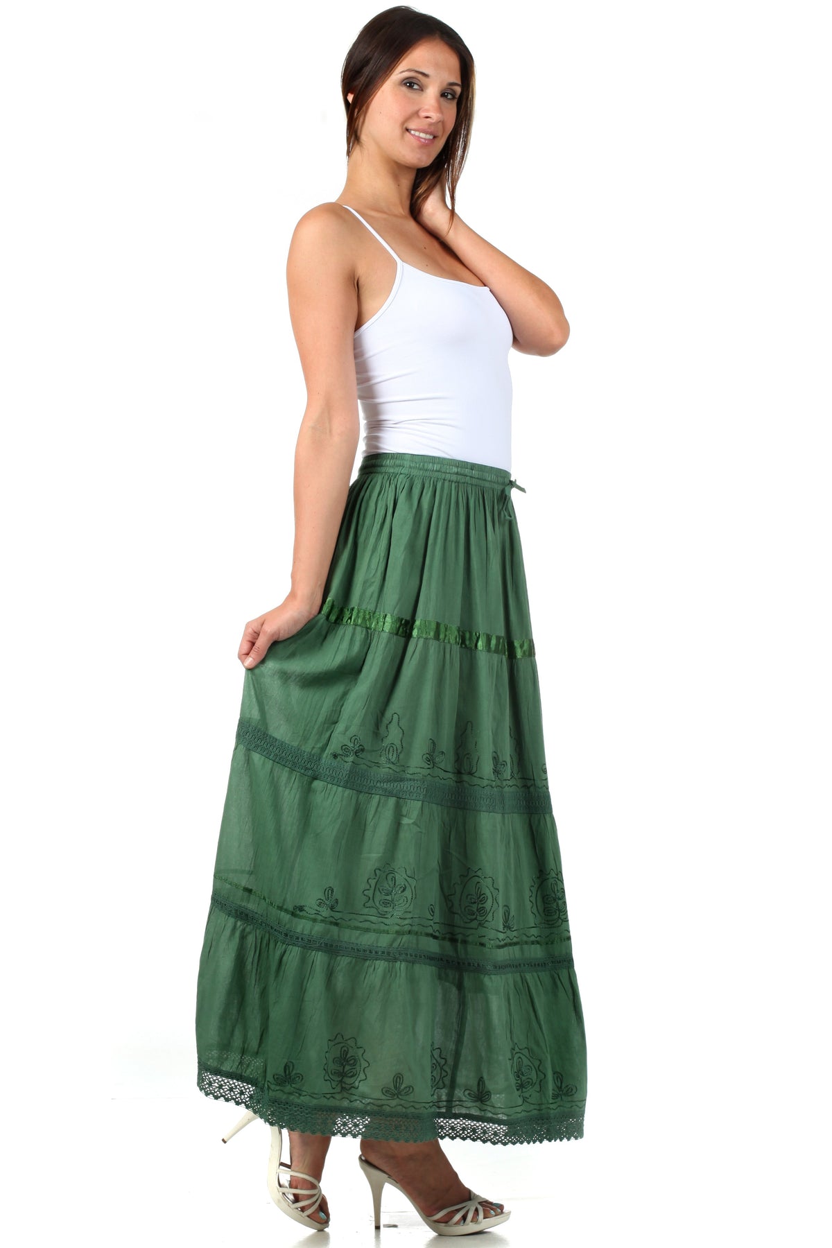 Sakkas Solid Embroidered Gypsy / Bohemian Full / Maxi / Long Cotton Skirt