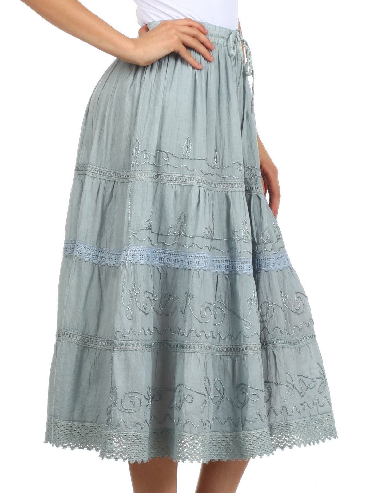 Sakkas Solid Embroidered Crochet Lace Trim Gypsy Bohemian Mid Length Cotton Skirt