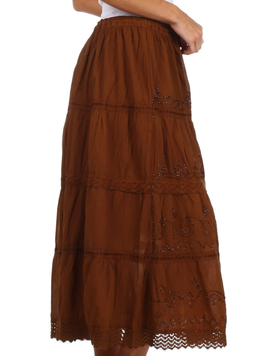 Sakkas Solid Embroidered Crochet Lace Trim Gypsy Bohemian Mid Length Cotton Skirt