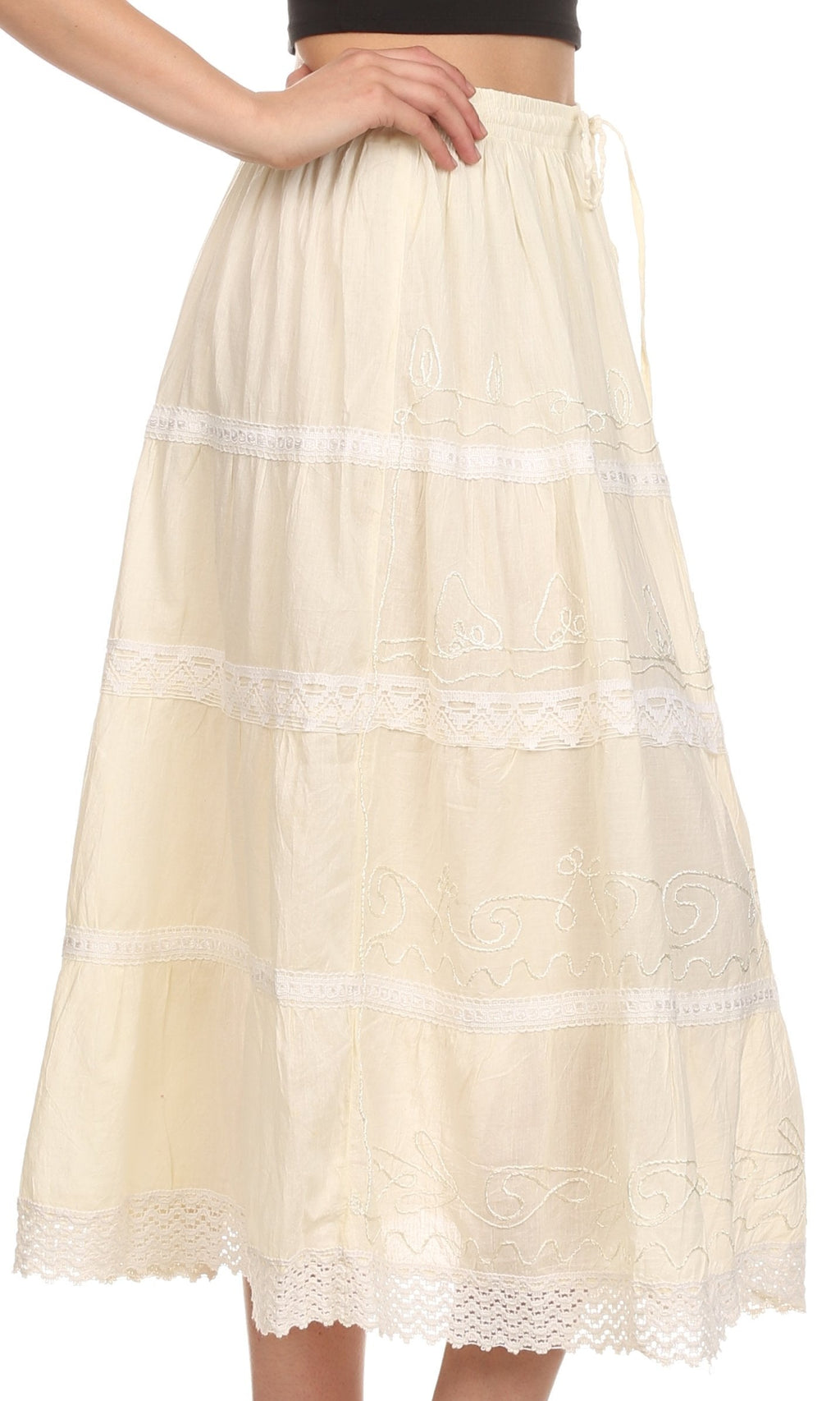 Sakkas Solid Embroidered Crochet Lace Trim Gypsy Bohemian Mid Length Cotton Skirt