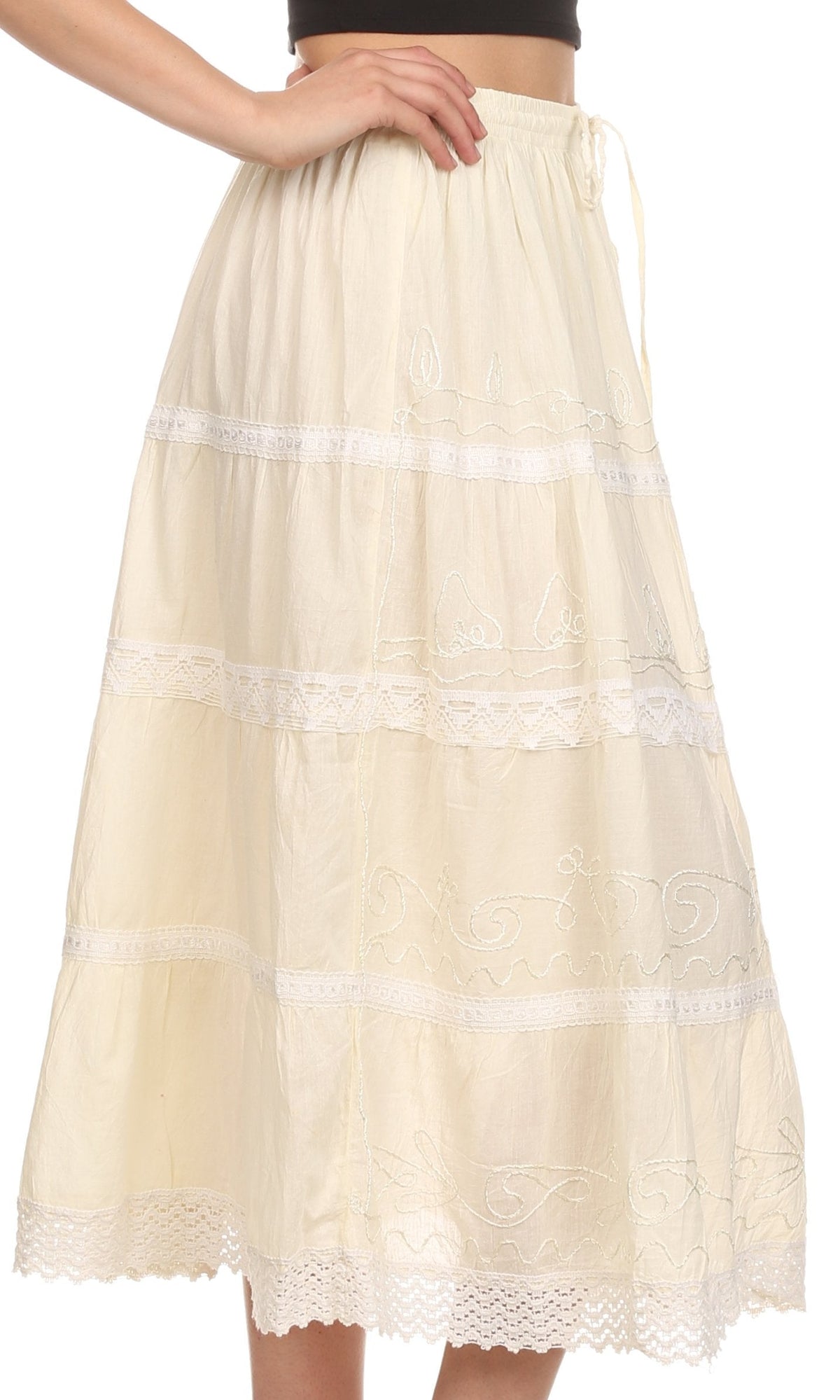 Sakkas Solid Embroidered Crochet Lace Trim Gypsy Bohemian Mid Length Cotton Skirt