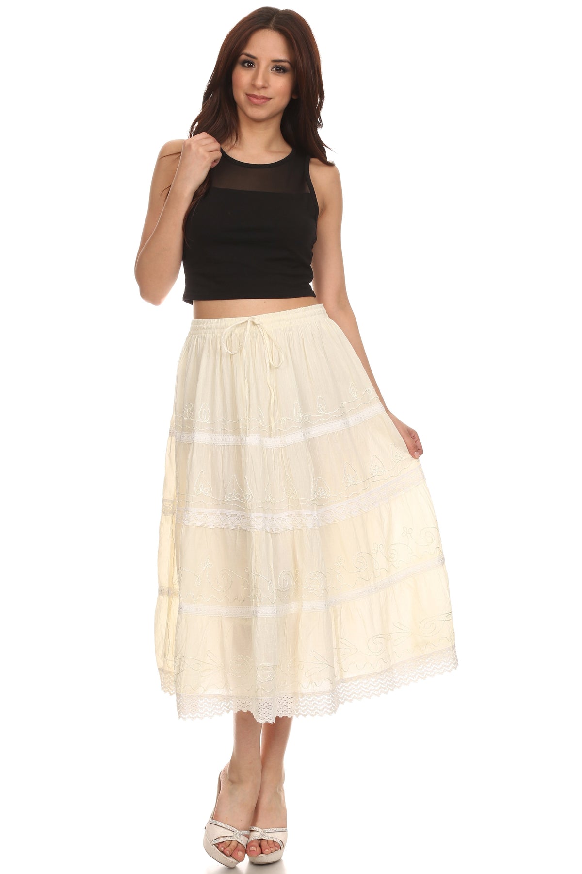 Sakkas Solid Embroidered Crochet Lace Trim Gypsy Bohemian Mid Length Cotton Skirt