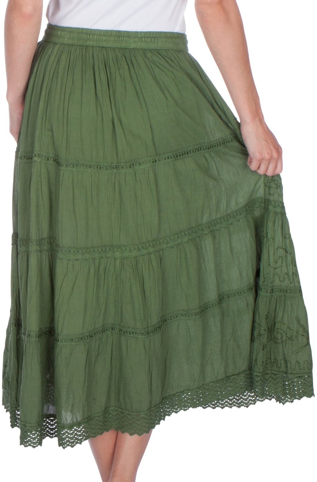 Sakkas Solid Embroidered Crochet Lace Trim Gypsy Bohemian Mid Length Cotton Skirt