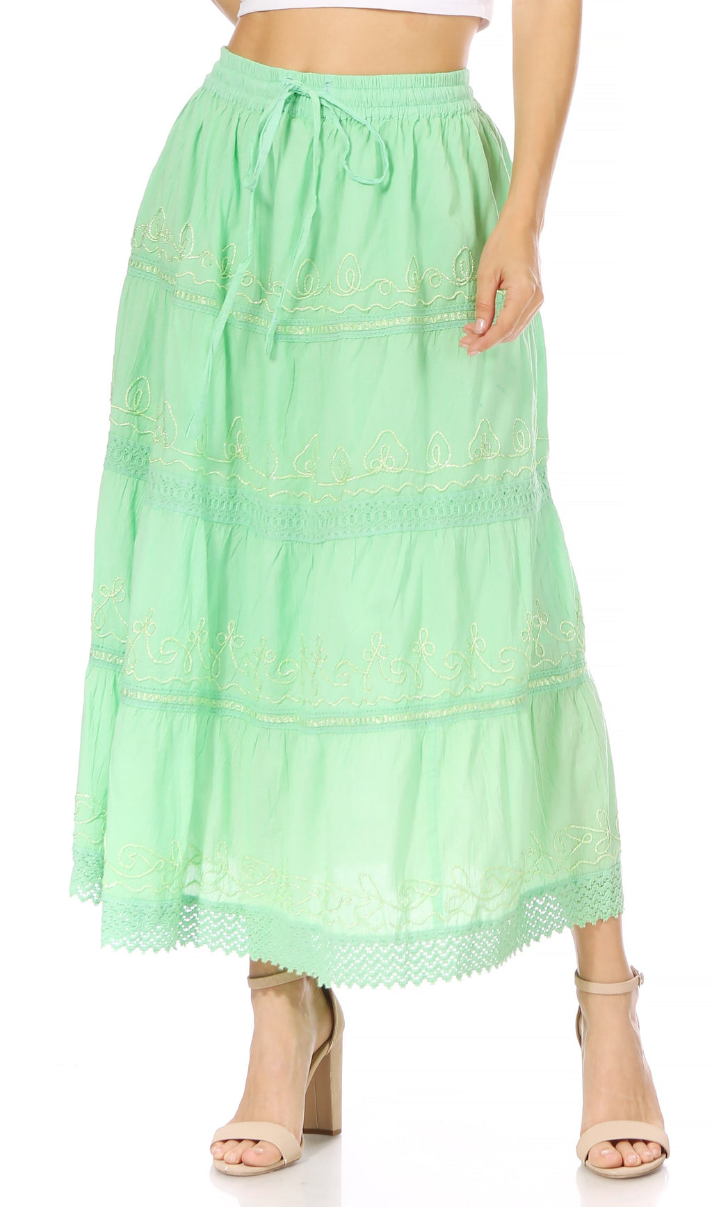 Sakkas Solid Embroidered Crochet Lace Trim Gypsy Bohemian Mid Length Cotton Skirt