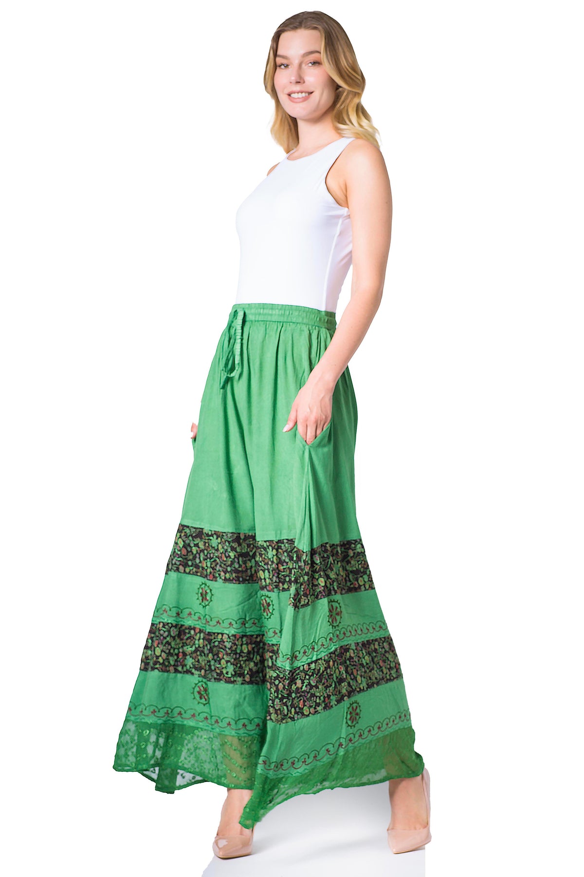 Sakkas Sandra Women's Casual Long Maxi Boho Gypsy Skirt Elastic Waist & Pockets