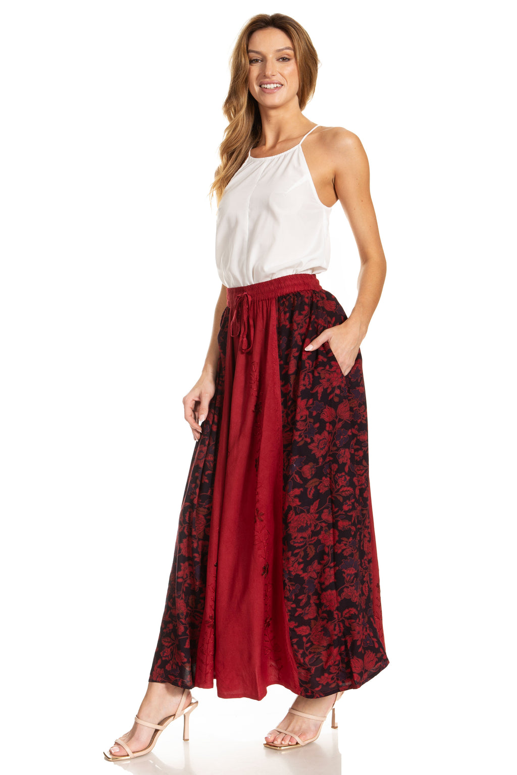 Sakkas Maran Women's Boho Embroidery Skirt with Lace Elastic Waist and Pockets