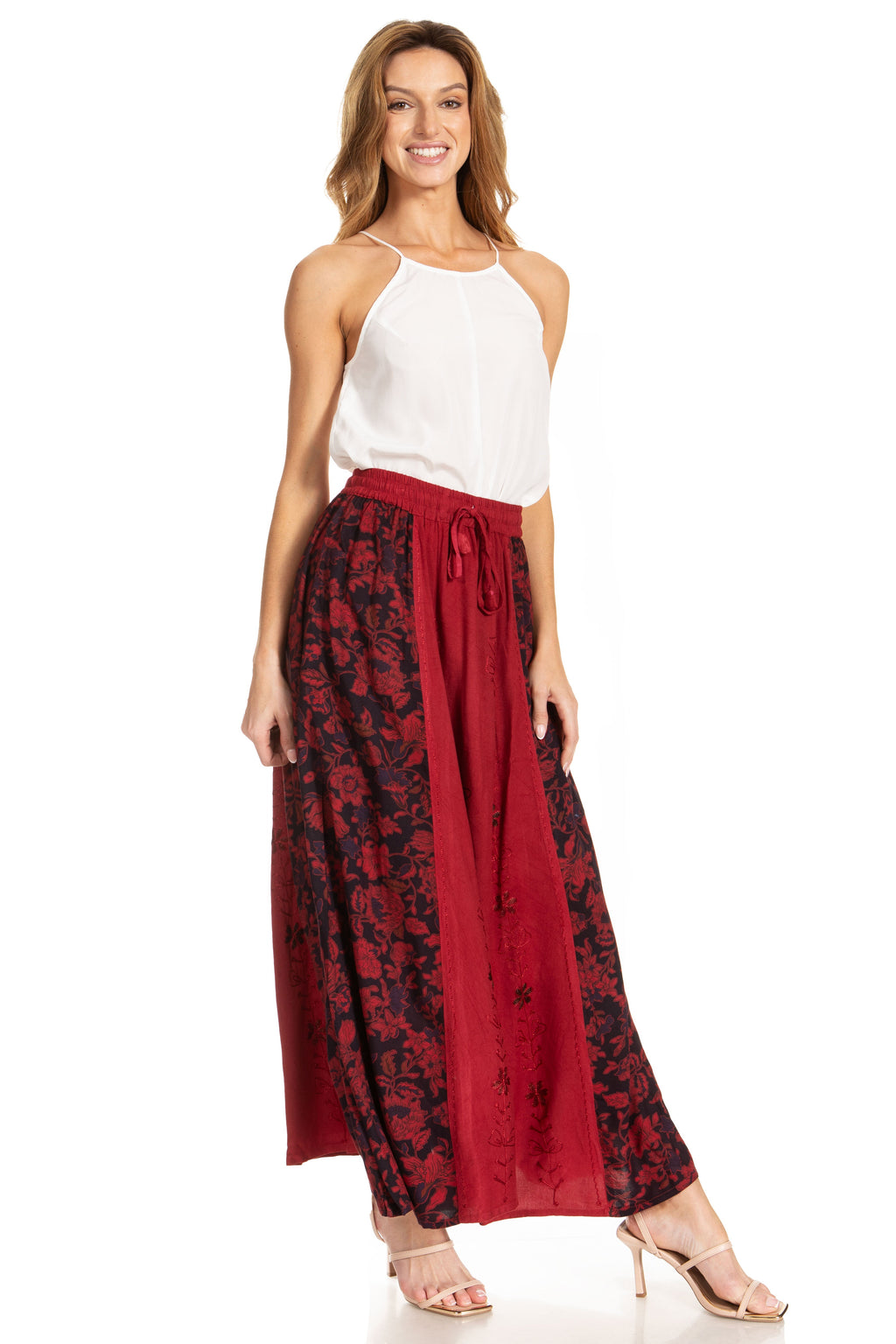 Sakkas Maran Women's Boho Embroidery Skirt with Lace Elastic Waist and Pockets