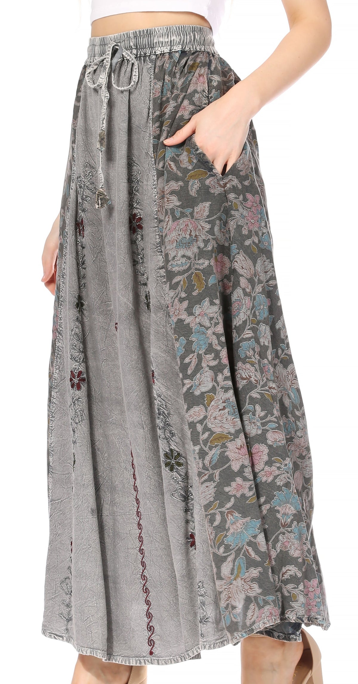 Sakkas Maran Women's Boho Embroidery Skirt with Lace Elastic Waist and Pockets