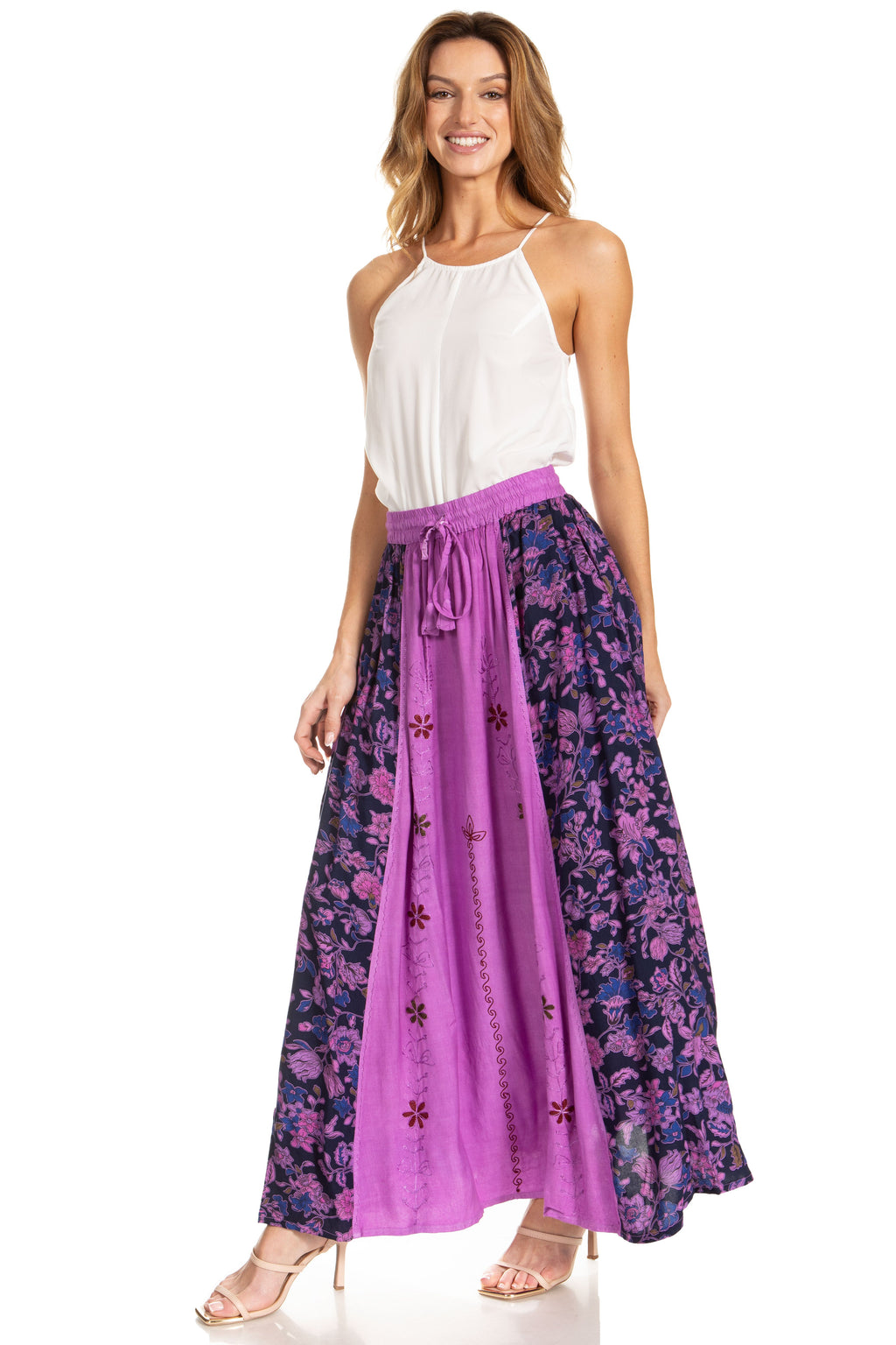 Sakkas Maran Women's Boho Embroidery Skirt with Lace Elastic Waist and Pockets