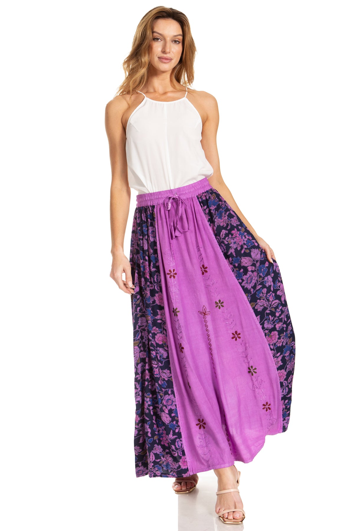 Sakkas Maran Women's Boho Embroidery Skirt with Lace Elastic Waist and Pockets