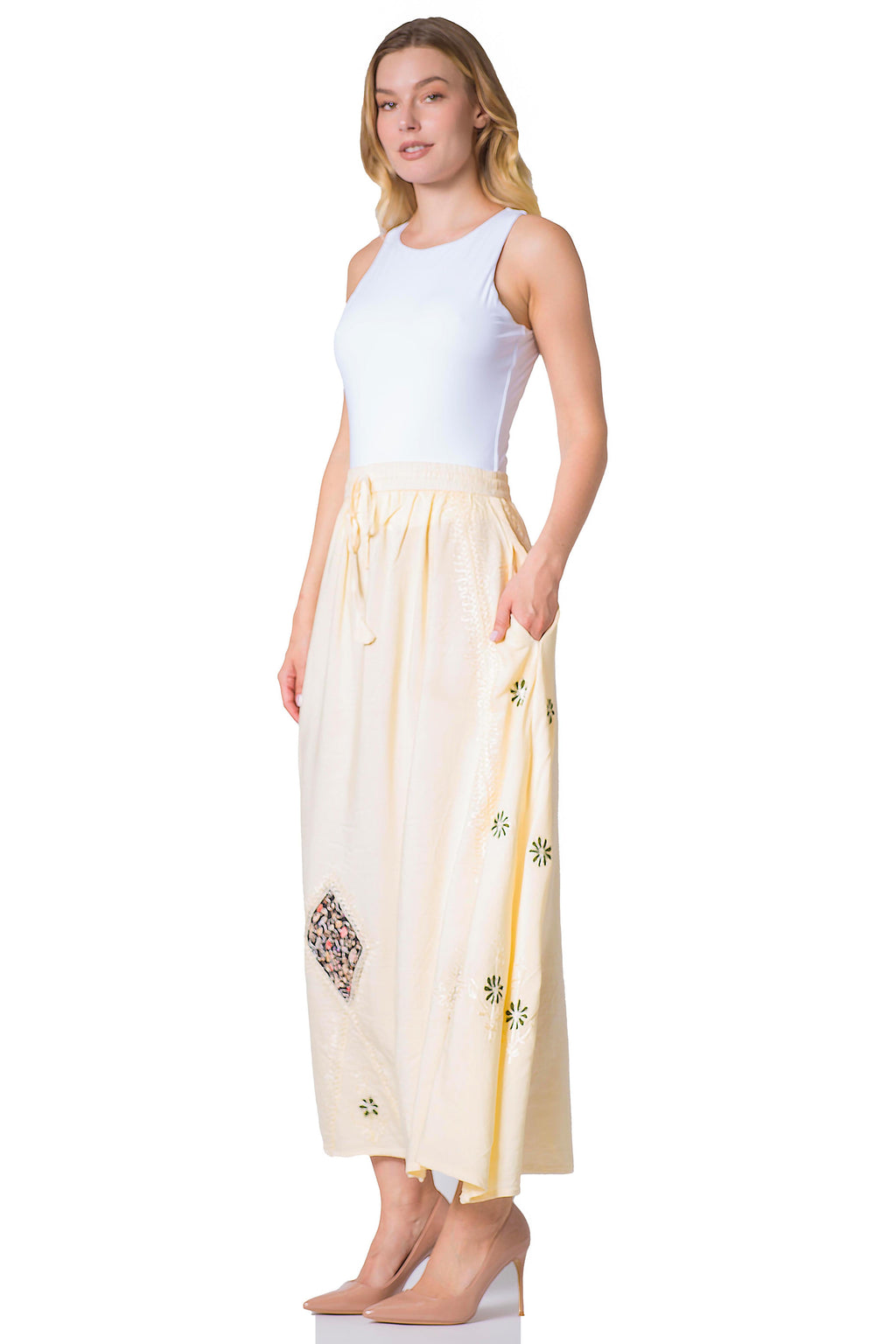 Sakkas Zarah Women's Boho Embroidery Gypsy Skirt with Lace Elastic Waist Pockets