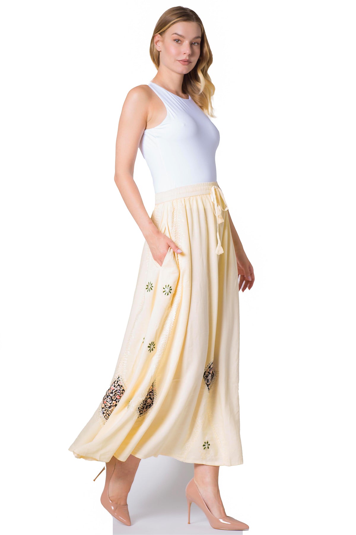 Sakkas Zarah Women's Boho Embroidery Gypsy Skirt with Lace Elastic Waist Pockets