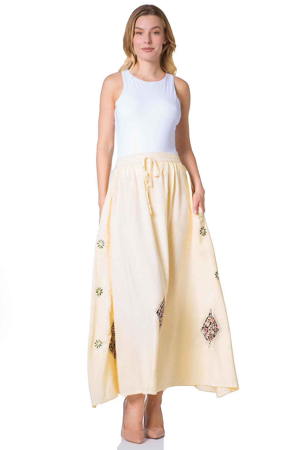 Sakkas Zarah Women's Boho Embroidery Gypsy Skirt with Lace Elastic Waist Pockets