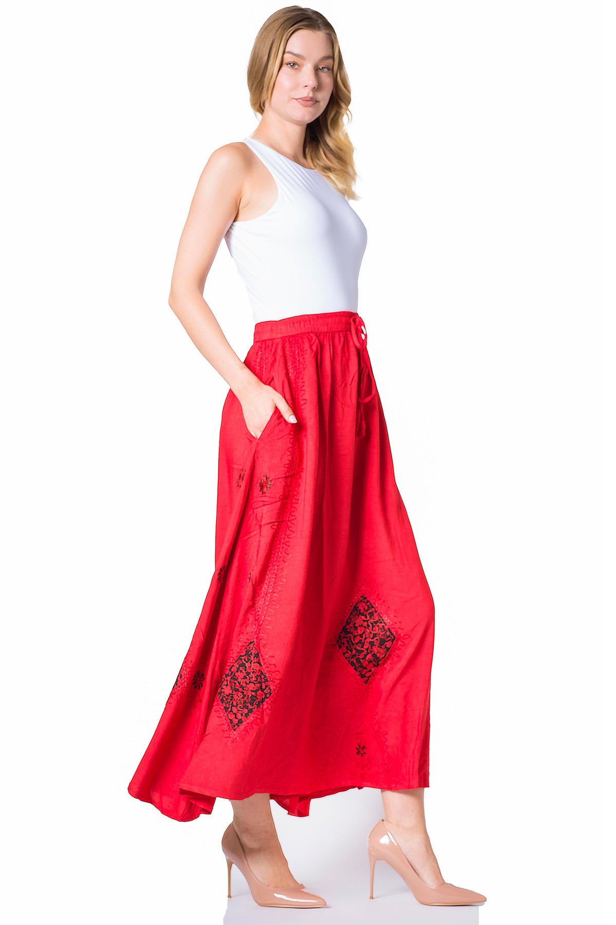 Sakkas Zarah Women's Boho Embroidery Gypsy Skirt with Lace Elastic Waist Pockets