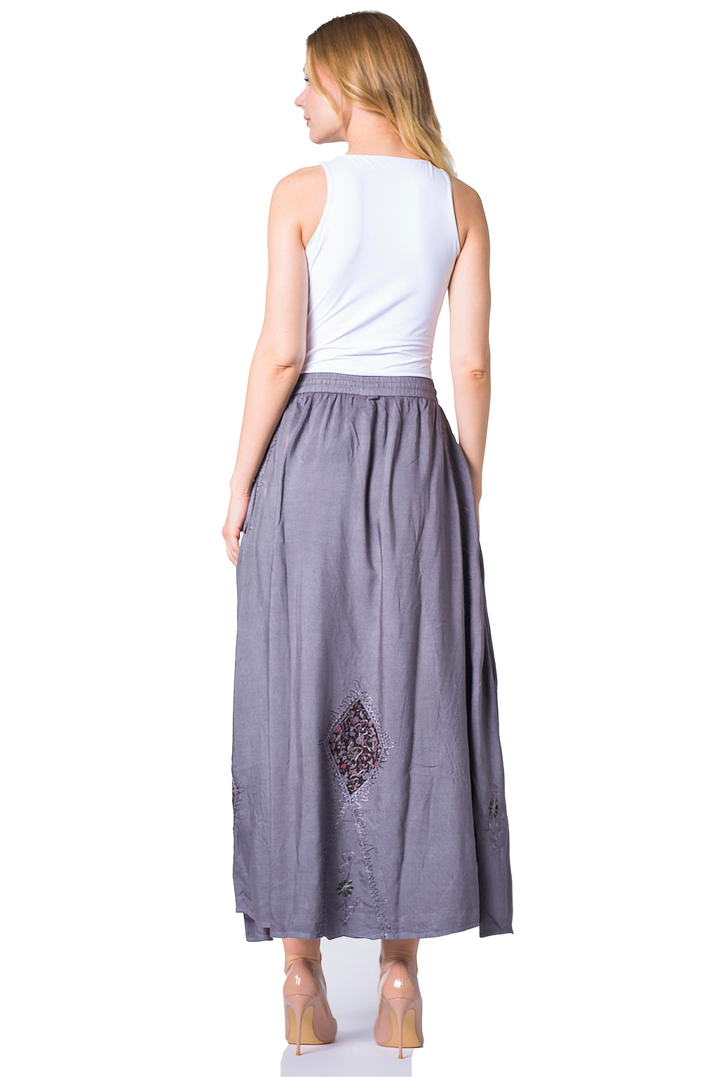 Sakkas Zarah Women's Boho Embroidery Gypsy Skirt with Lace Elastic Waist Pockets