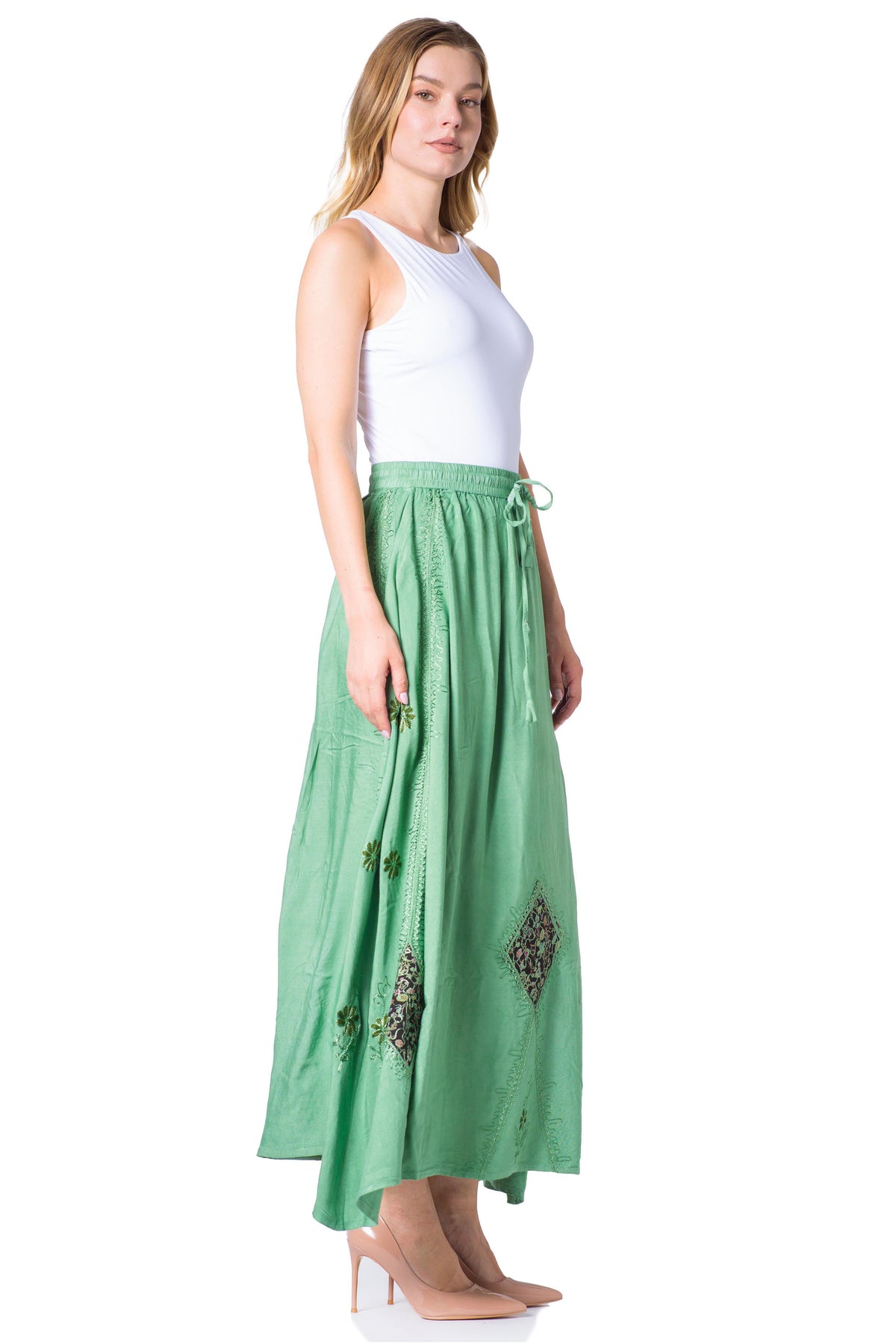 Sakkas Zarah Women's Boho Embroidery Gypsy Skirt with Lace Elastic Waist Pockets