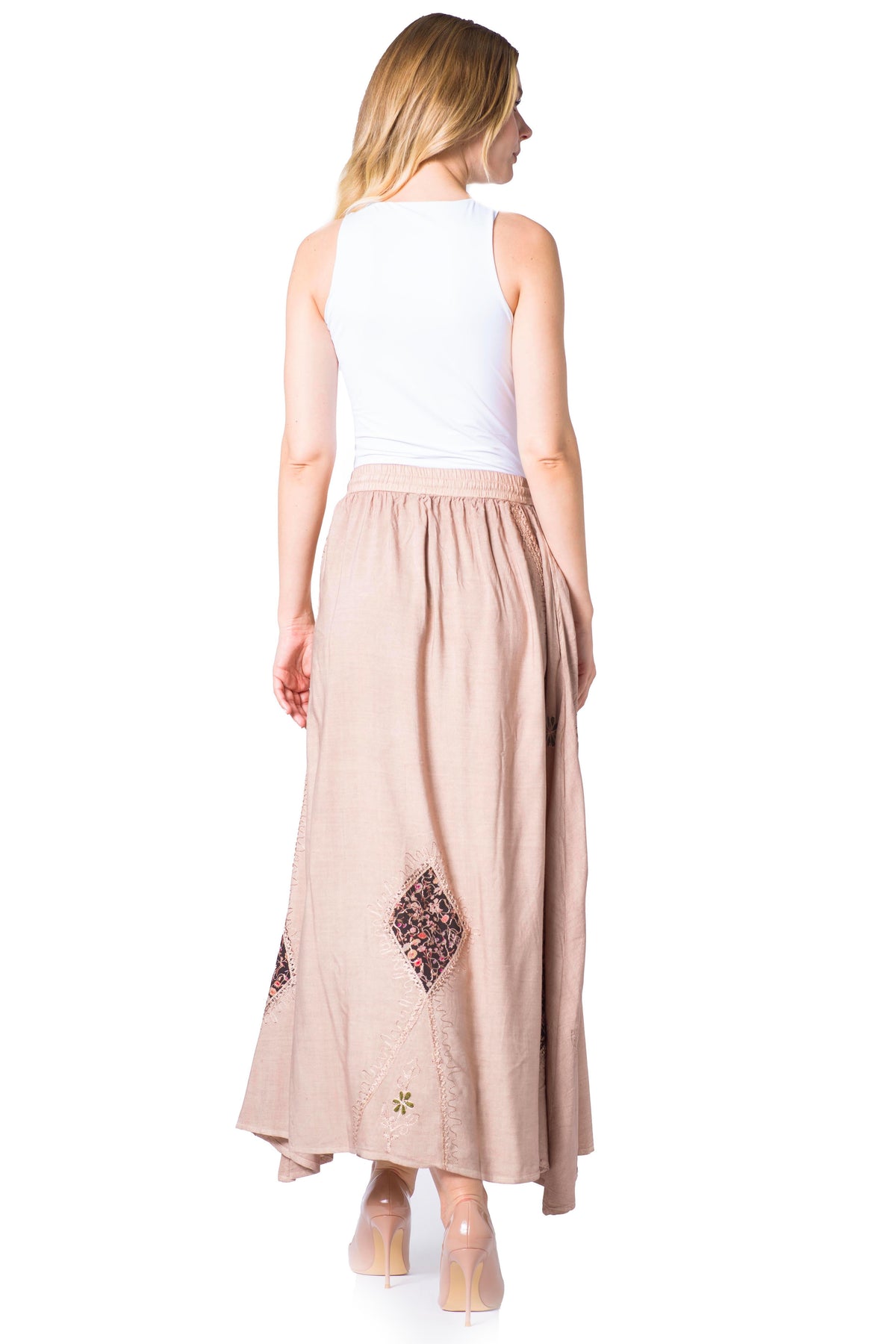 Sakkas Zarah Women's Boho Embroidery Gypsy Skirt with Lace Elastic Waist Pockets
