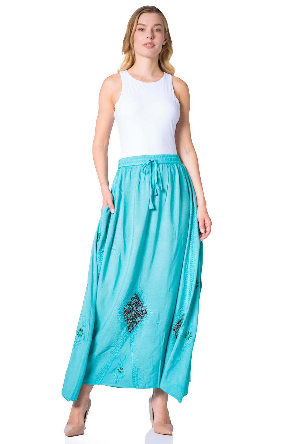 Sakkas Zarah Women's Boho Embroidery Gypsy Skirt with Lace Elastic Waist Pockets