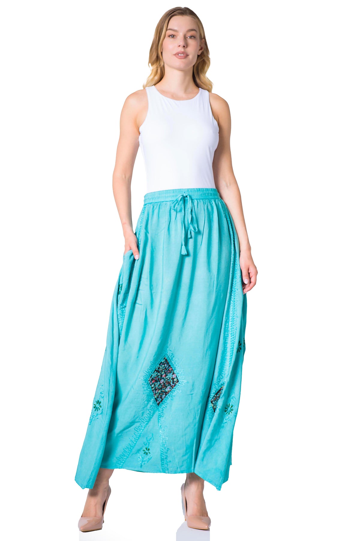 Sakkas Zarah Women's Boho Embroidery Gypsy Skirt with Lace Elastic Waist Pockets