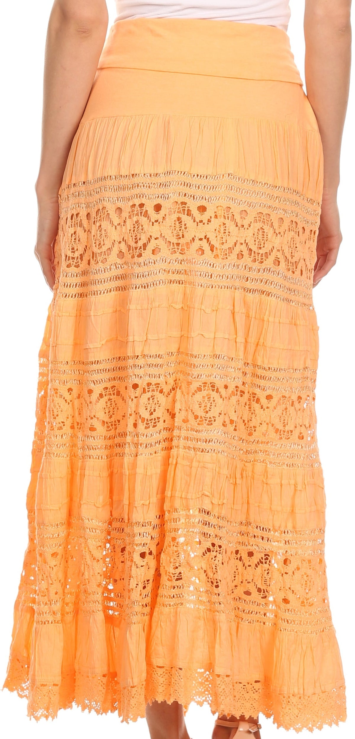 Sakkas Gracie Crochet Lace Tiered Long Cotton Skirt with Fold-Over Waistband
