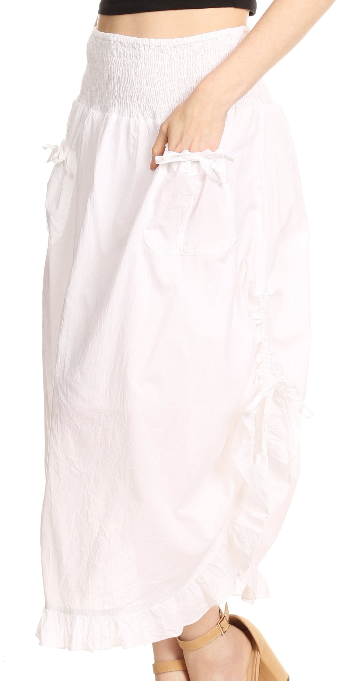Sakkas Coco Long Cotton Ruffle Skirt with Pockets and Elastic Waistband