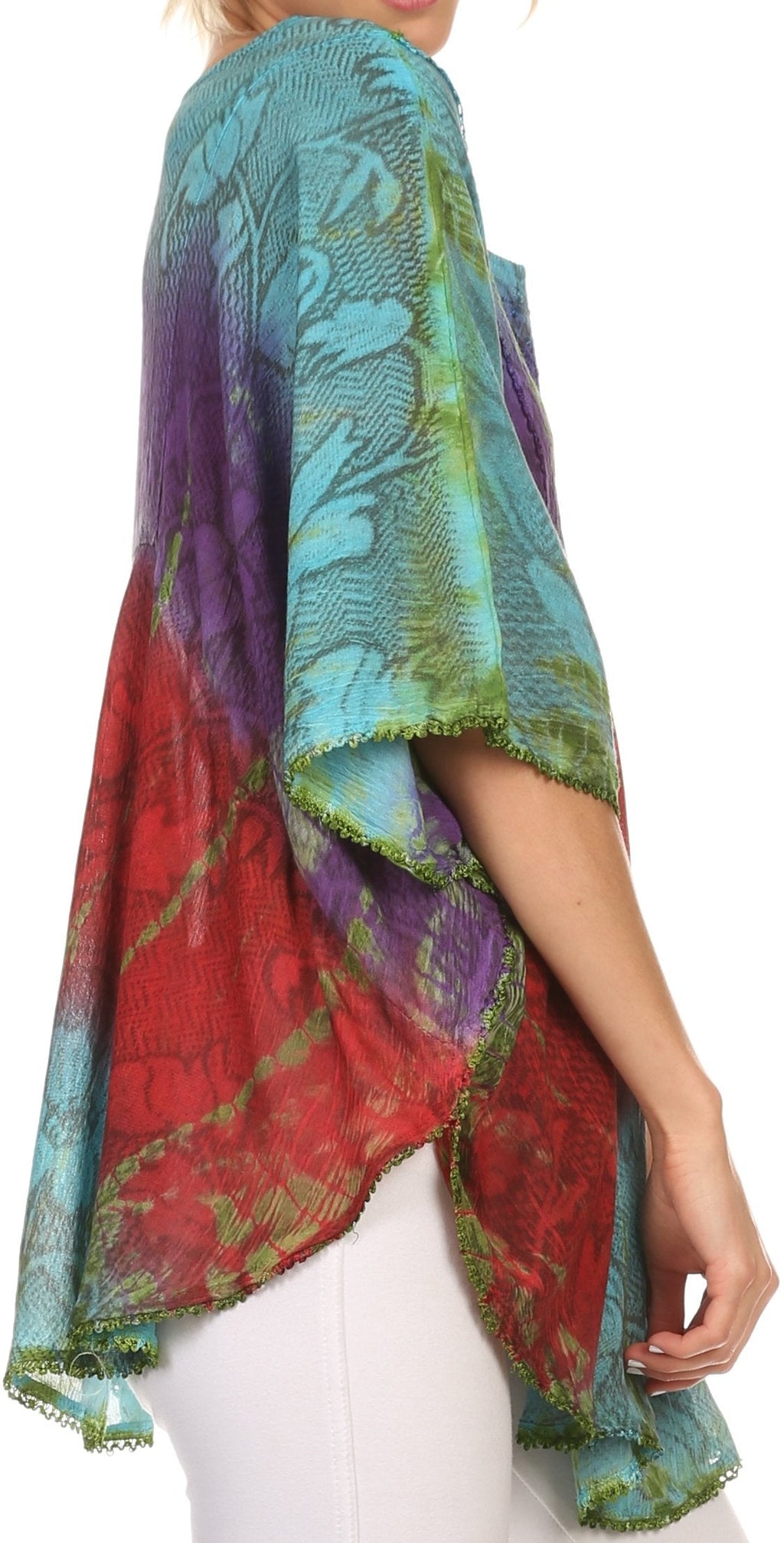 Sakkas Ellesa Ombre Tie Dye Circle Poncho Blouse Shirt Top With Sequin Embroidery