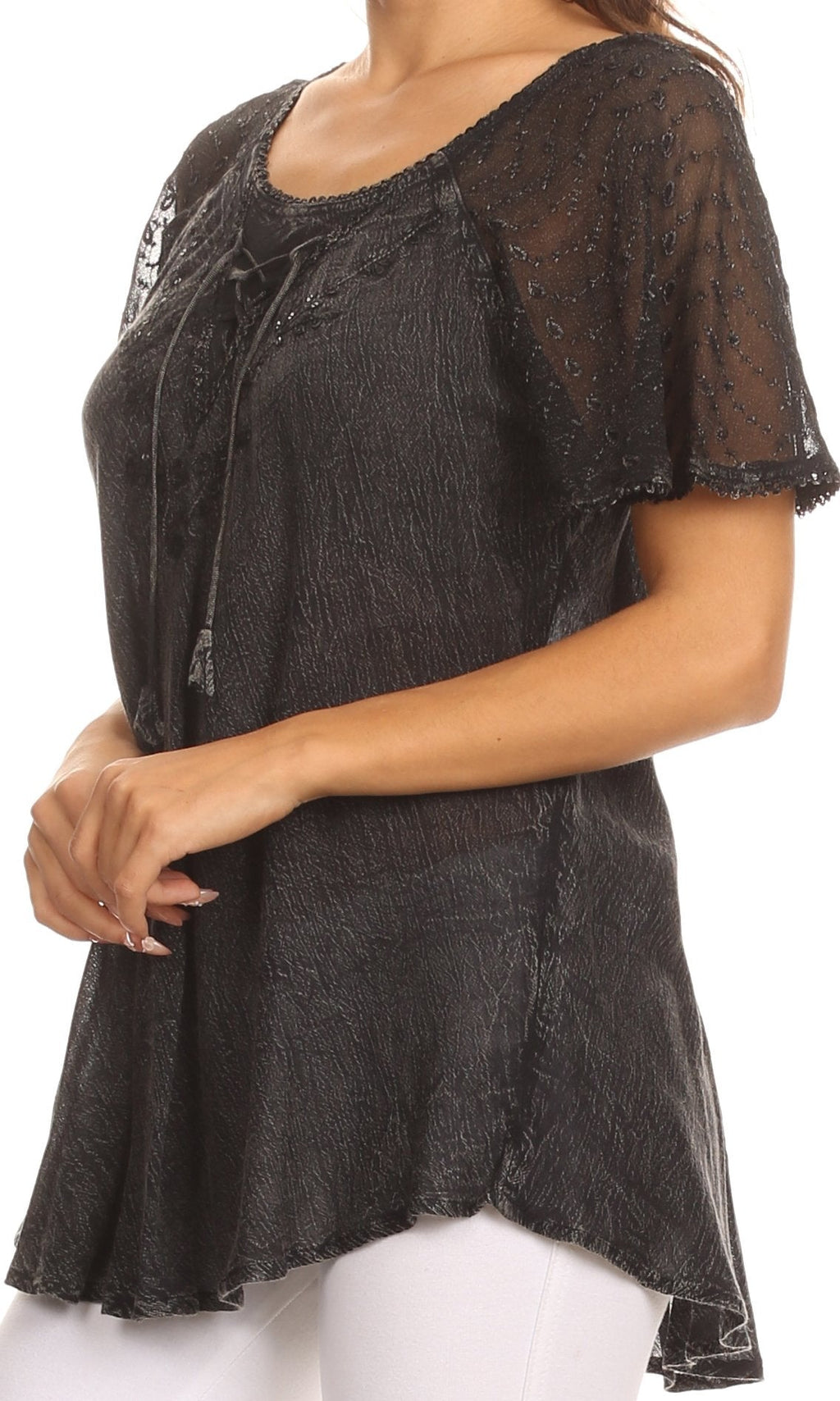 Sakkas Ellie Sequin Embroidered Cap Sleeve Scoop Neck Relaxed Fit Blouse