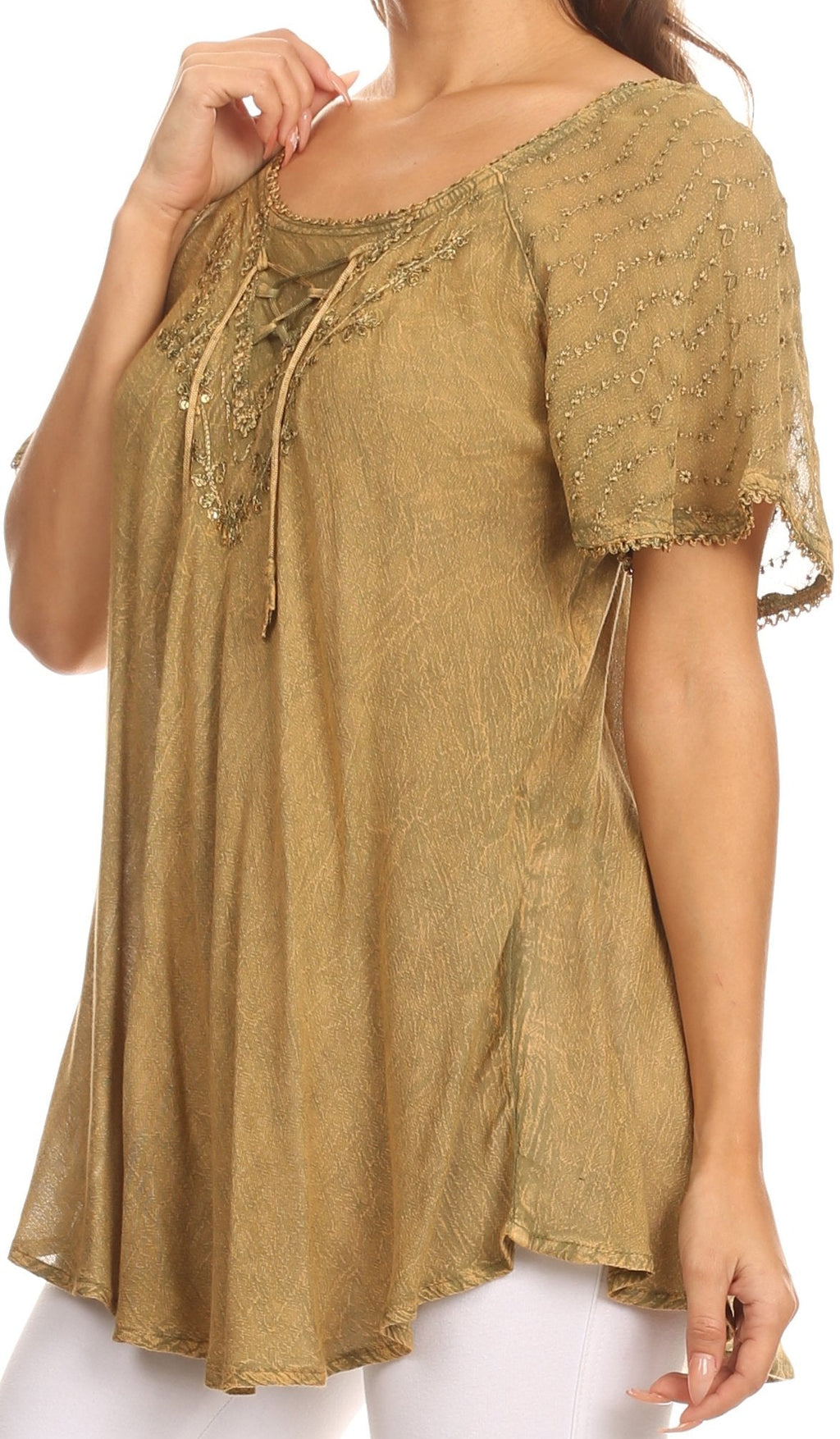 Sakkas Ellie Sequin Embroidered Cap Sleeve Scoop Neck Relaxed Fit Blouse