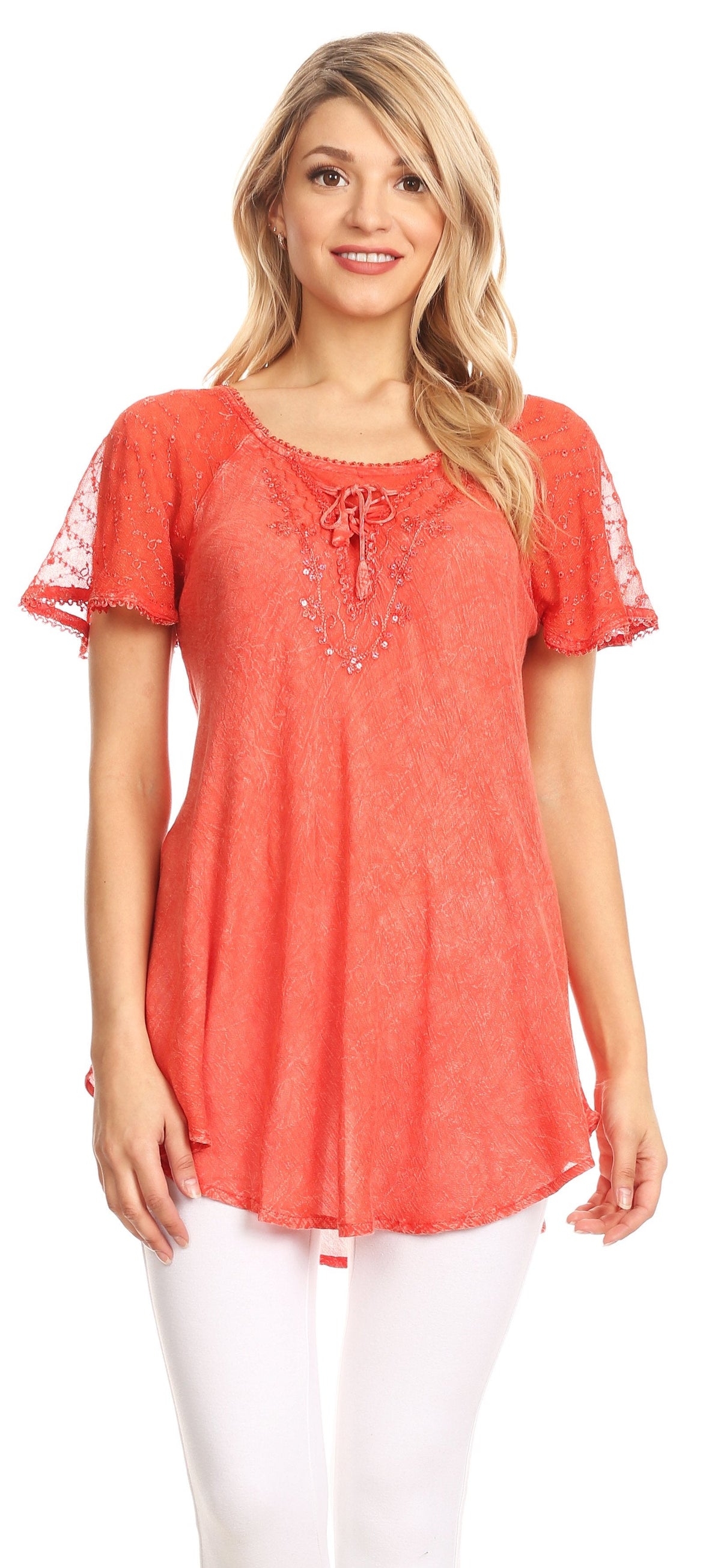 Sakkas Ellie Sequin Embroidered Cap Sleeve Scoop Neck Relaxed Fit Blouse
