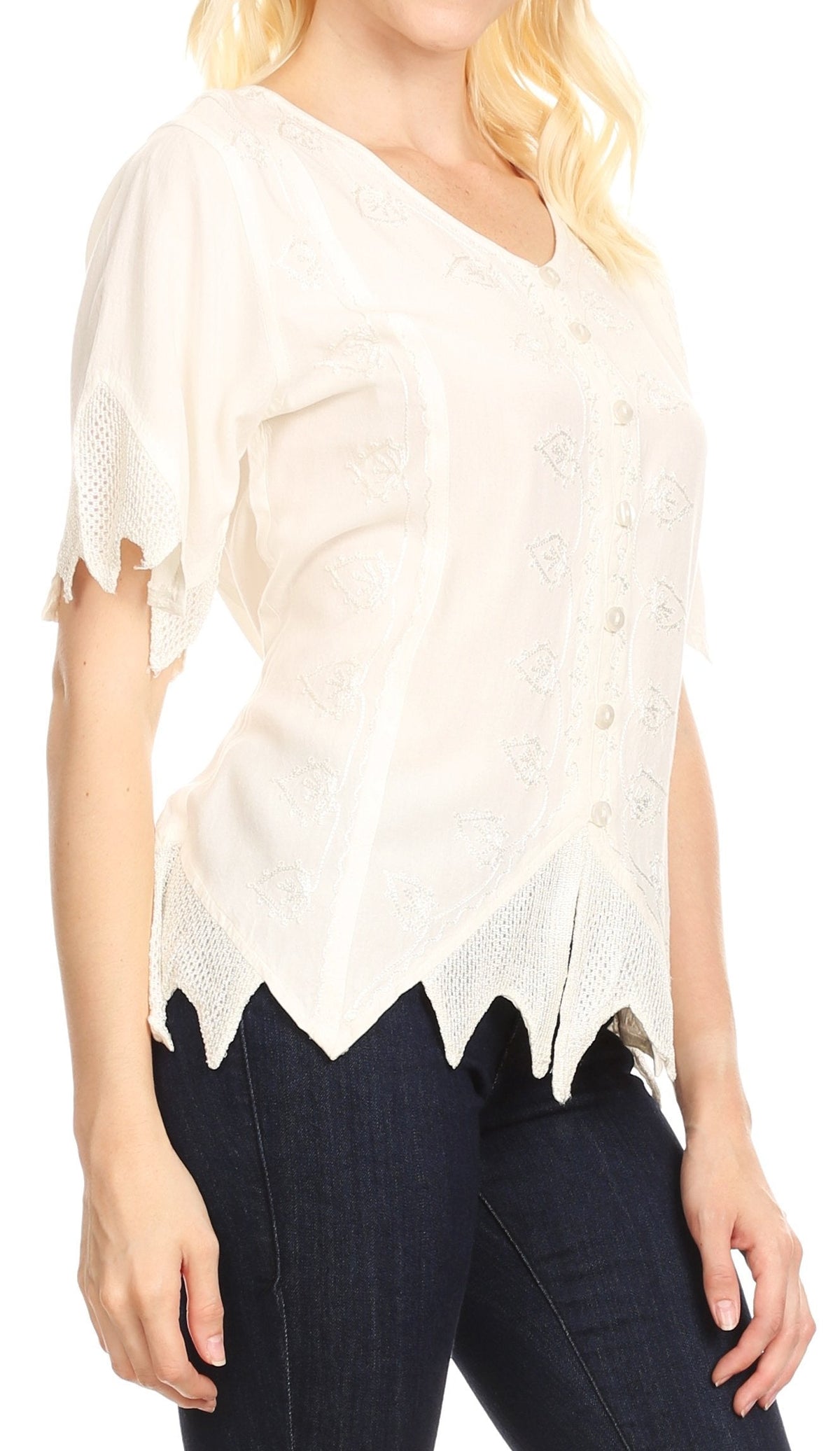 Sakkas Emma Womens Stonewashed V neck Short Sleeve Blouse Top Crochet Button Down