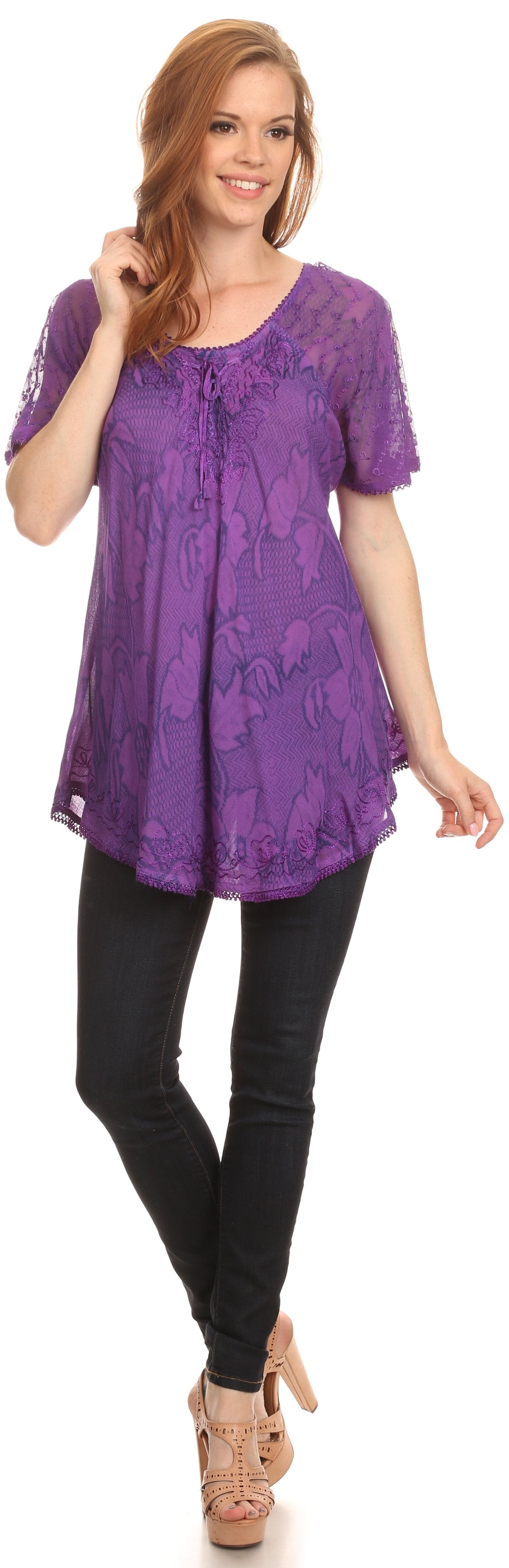 Sakkas Maliky Wide Corset Neck Floral Embroidered Cap Sleeve Blouse Top Shirt