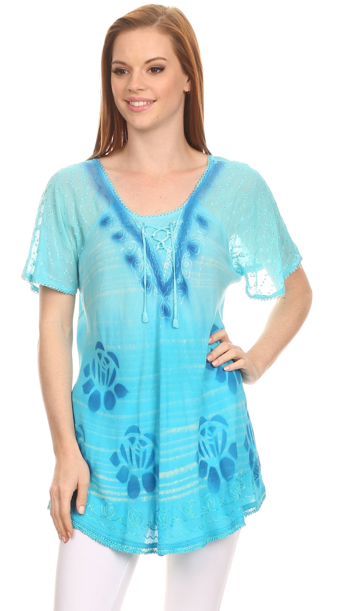 Sakkas Reya Lace Embroidered Cap Sleeve Corset Tie Dye Blouse Top Shirt