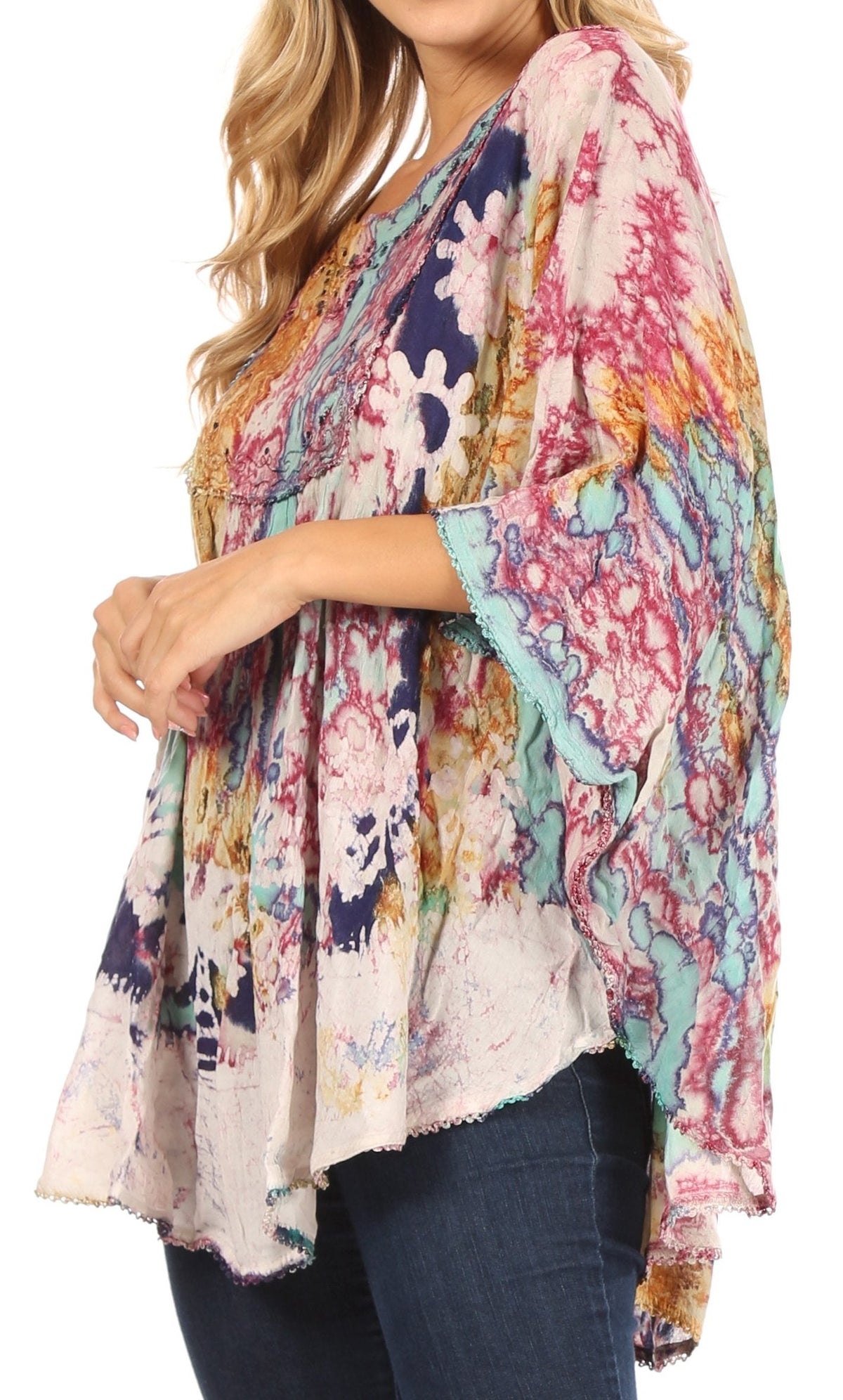 Sakkas Vanya Floral and Palm Tree Batik Circle Top with Sequins and Embroidery