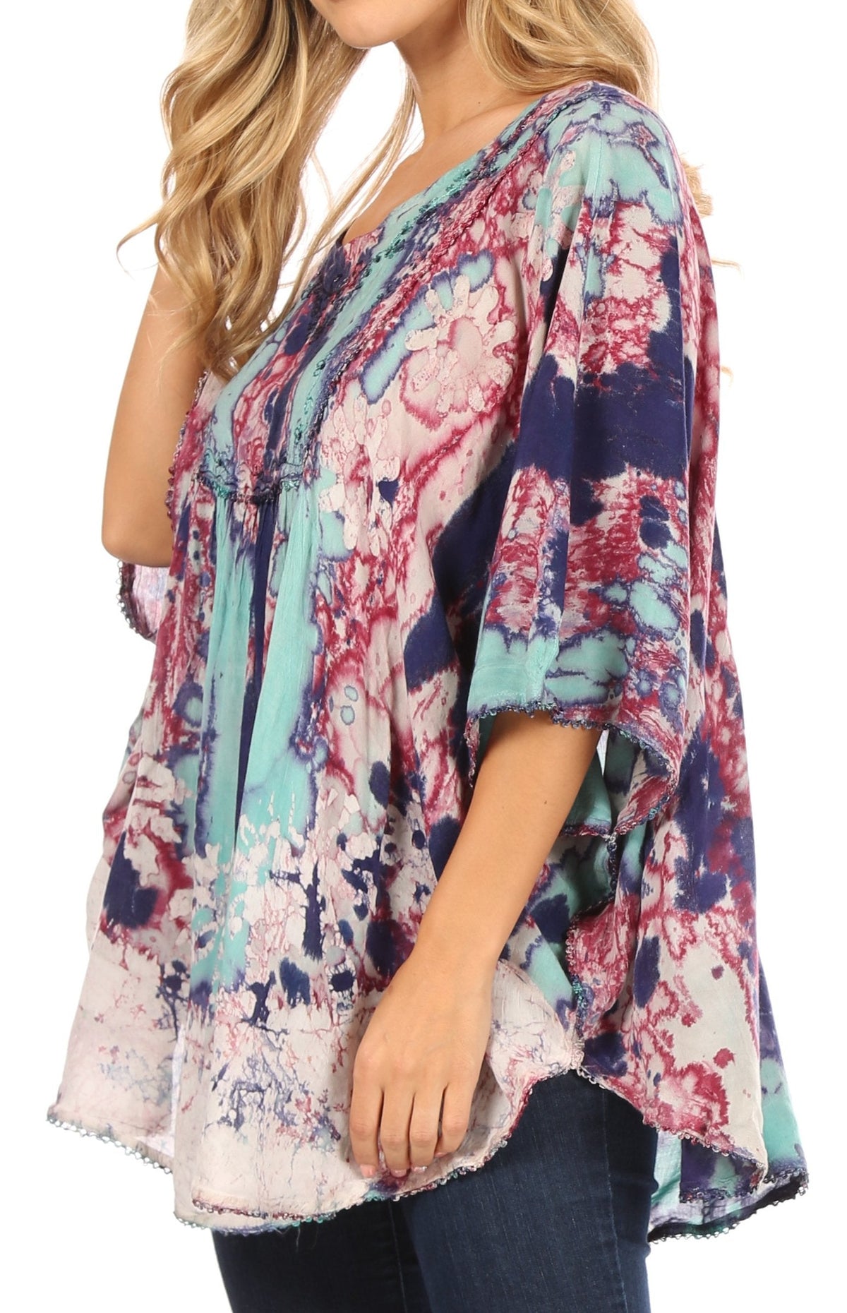 Sakkas Vanya Floral and Palm Tree Batik Circle Top with Sequins and Embroidery