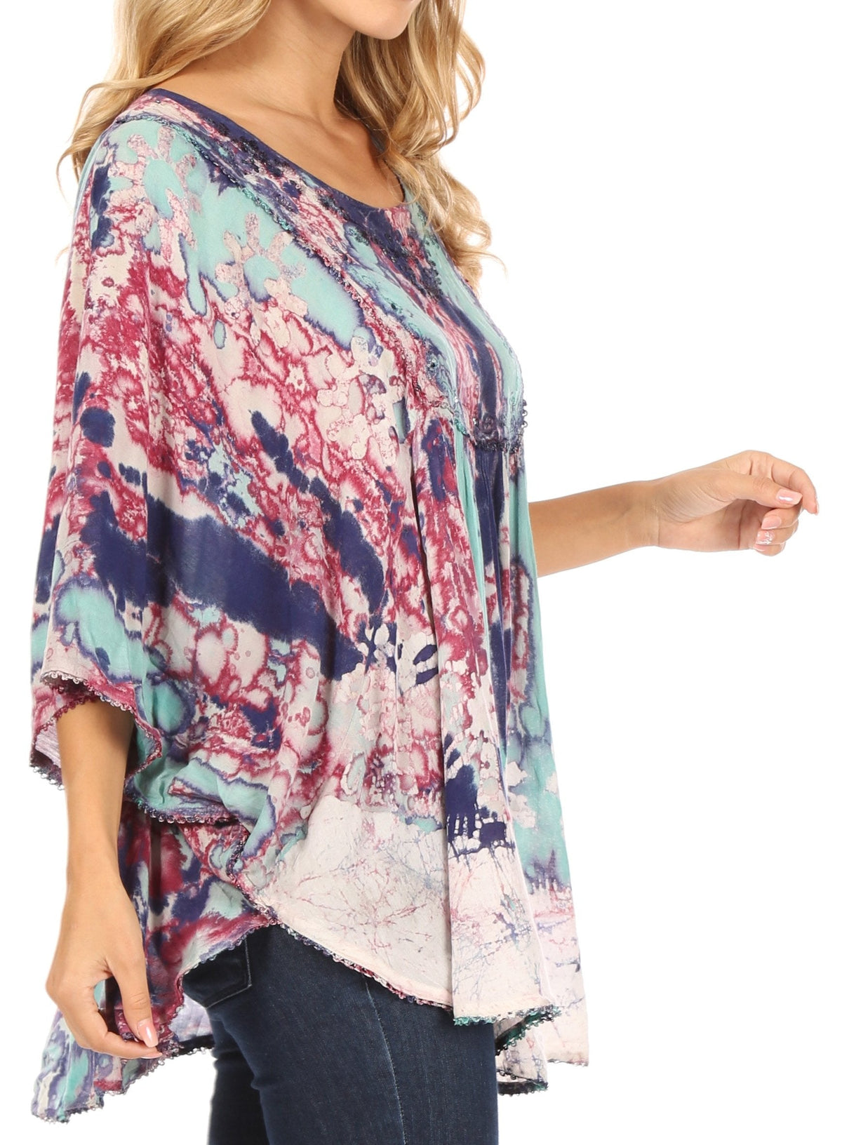 Sakkas Vanya Floral and Palm Tree Batik Circle Top with Sequins and Embroidery