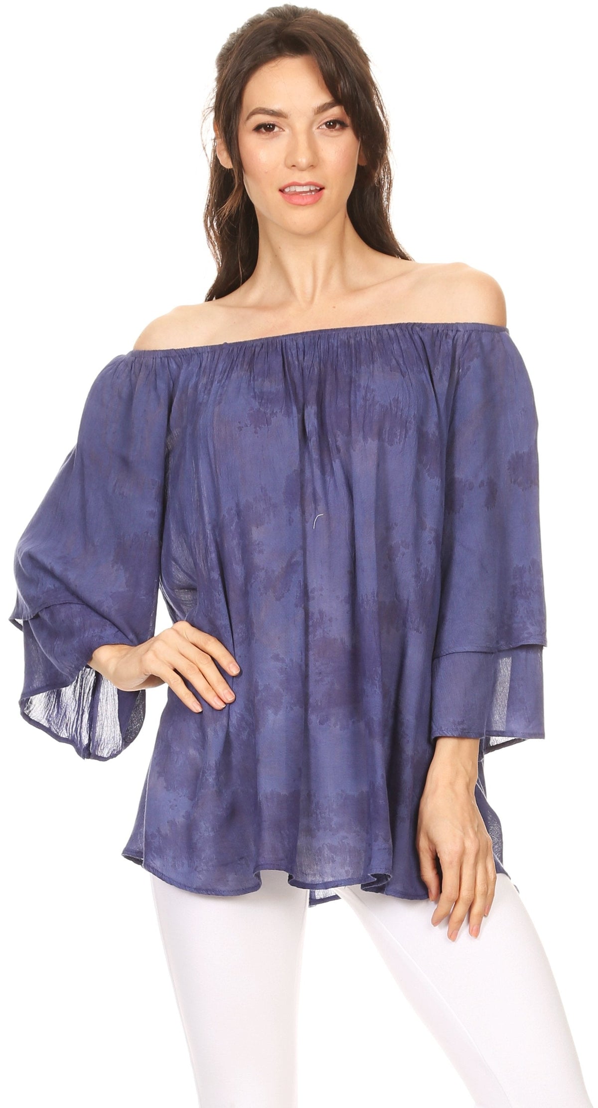 Sakkas Flora Watercolor Tie Dye Double Bell Sleeve Raglan Blouse