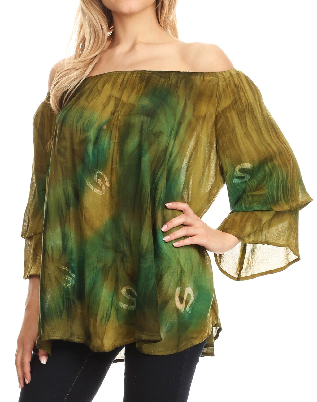 Sakkas Alania Watercolor Tie Dye Double Bell Sleeve Raglan Blouse