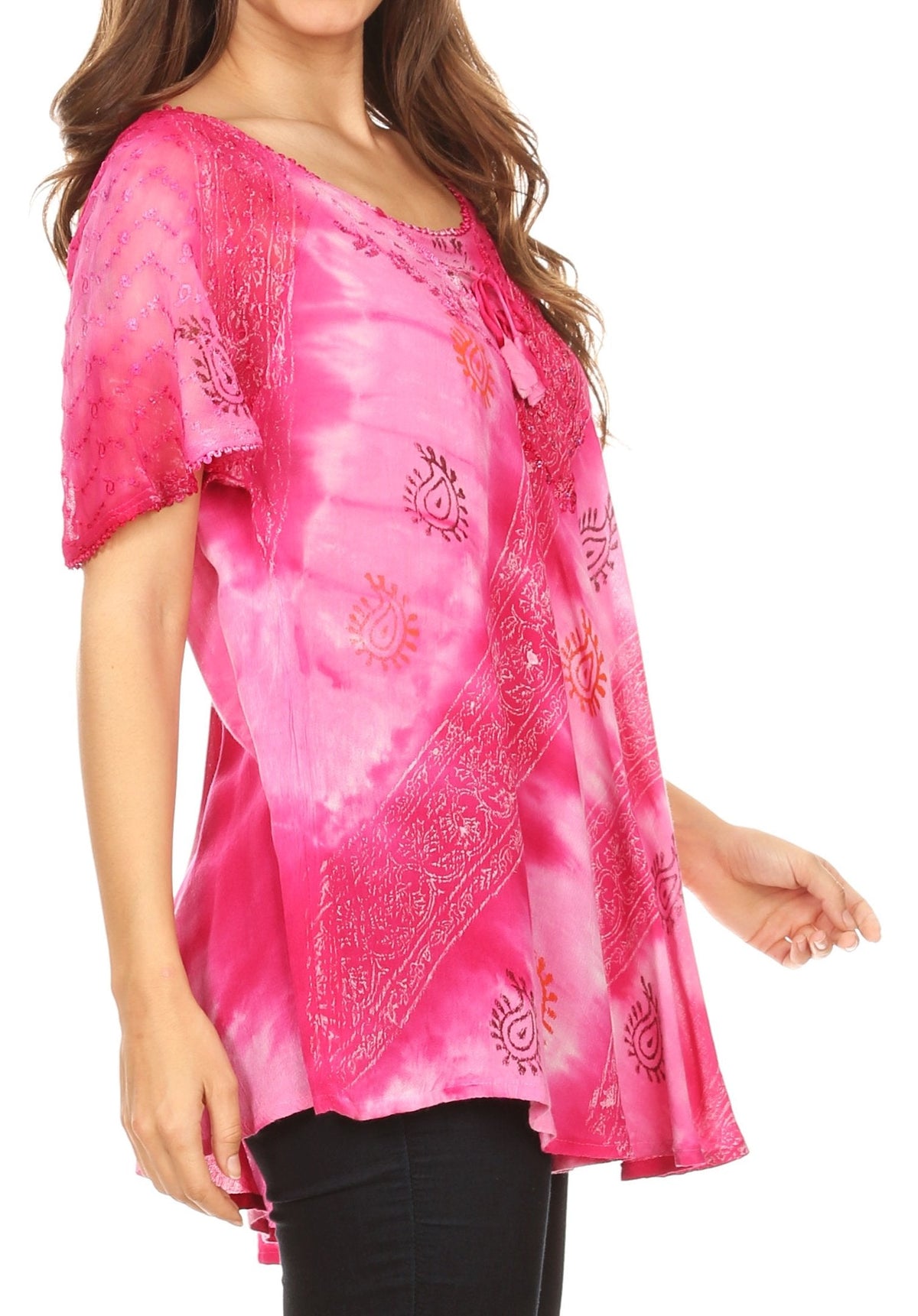 Sakkas Flavia Womens Everyday Blouse Top with Tie-dye & Block Print Light and Soft