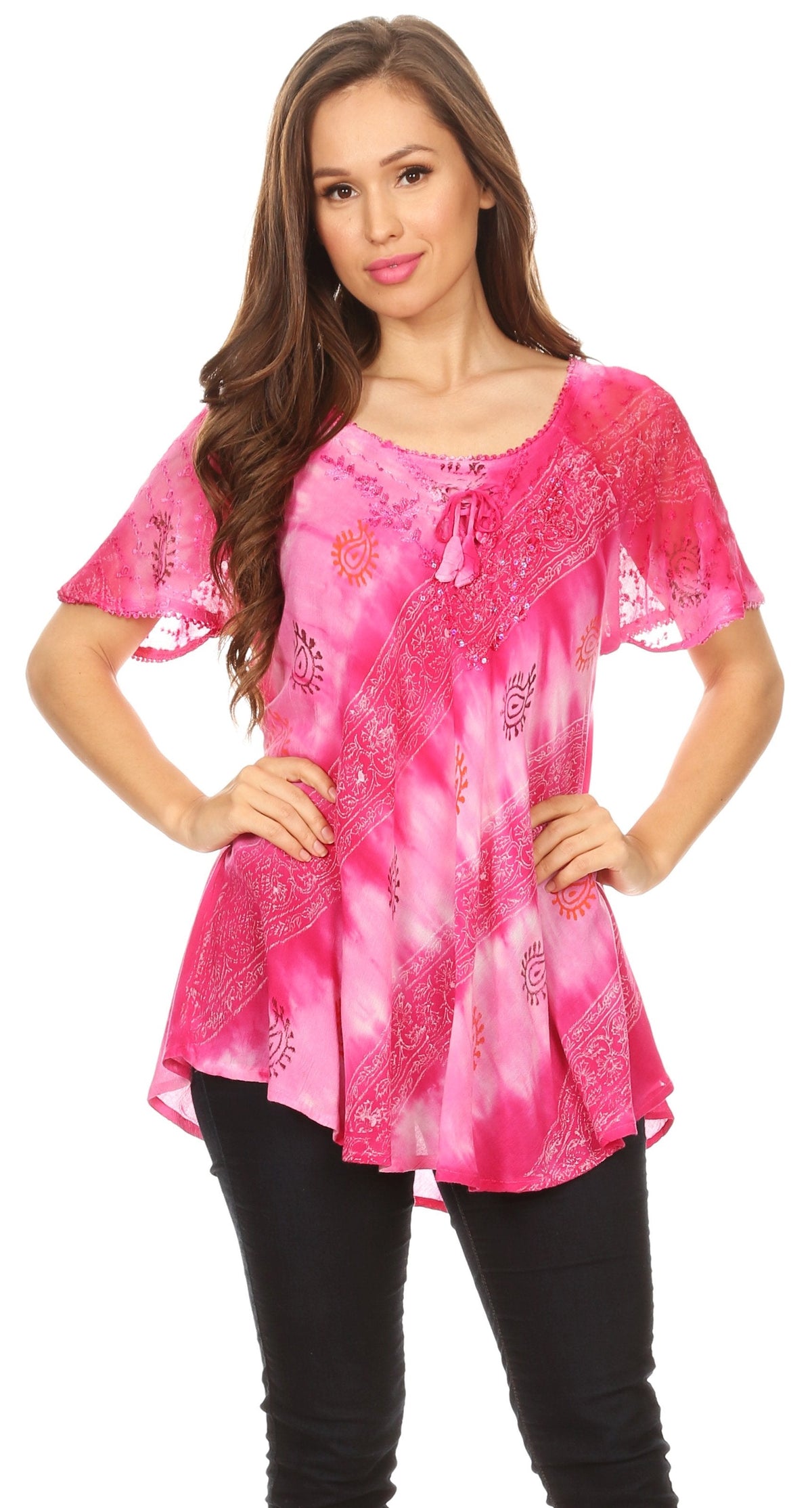 Sakkas Flavia Womens Everyday Blouse Top with Tie-dye & Block Print Light and Soft