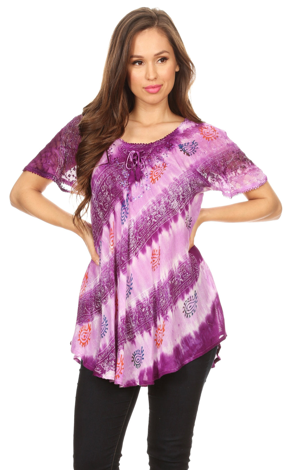 Sakkas Flavia Womens Everyday Blouse Top with Tie-dye & Block Print Light and Soft