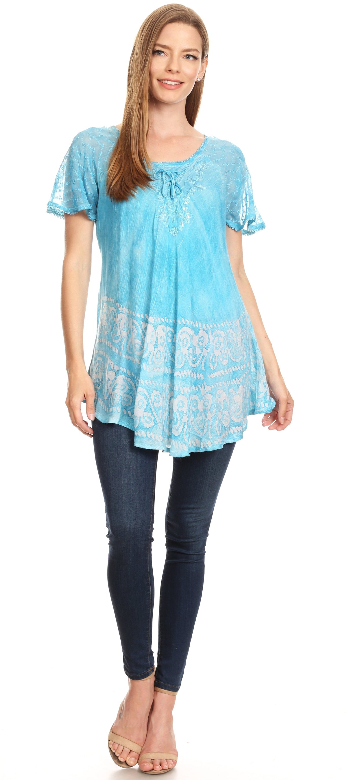 Sakkas Marzia Women's Loose Fit Short Sleeve Casual Tie Dye Batik Blouse Top Tunic