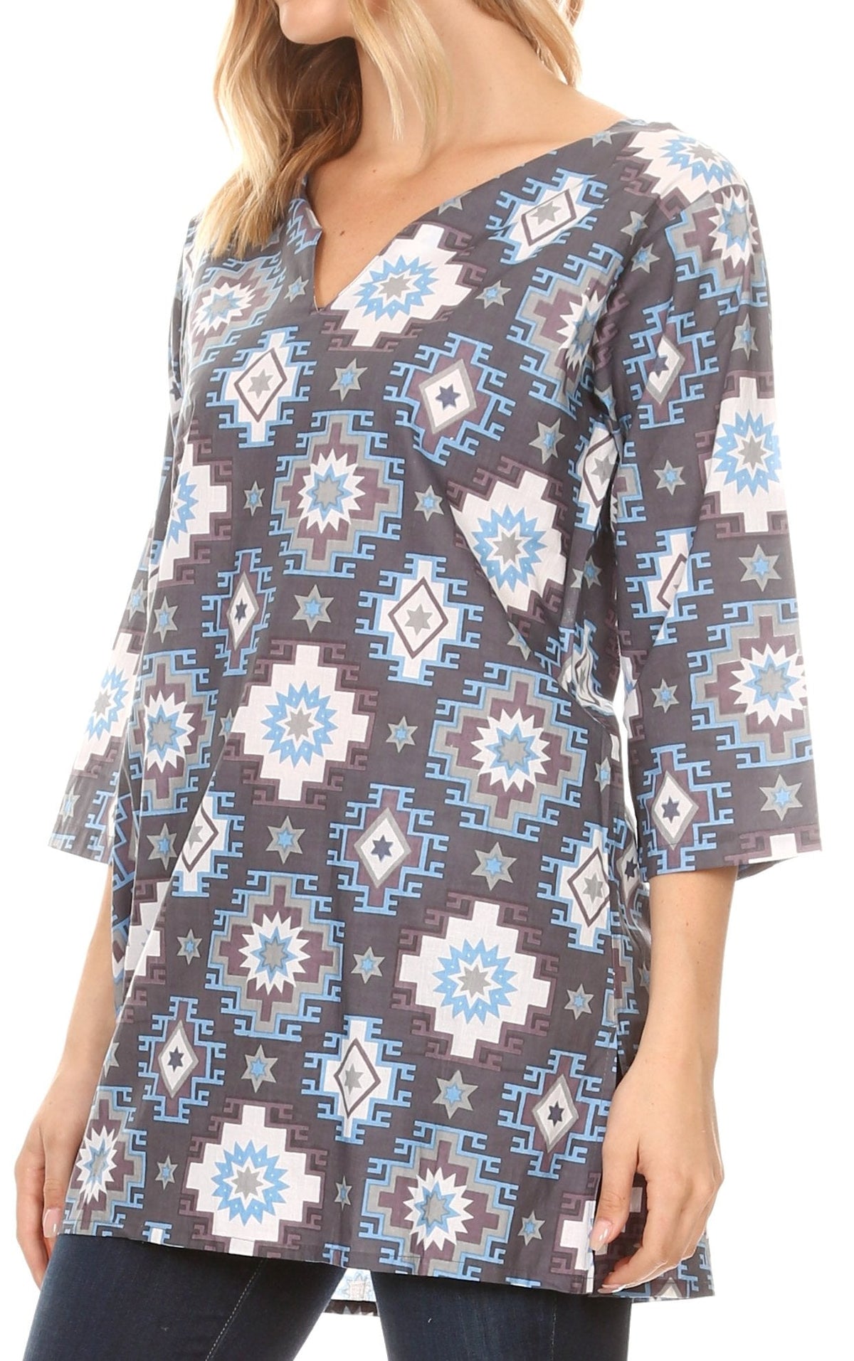 Sakkas Sasa Women's Casual Summer Cotton 3/4 Sleeve Print Loose Tunic Top Blouse