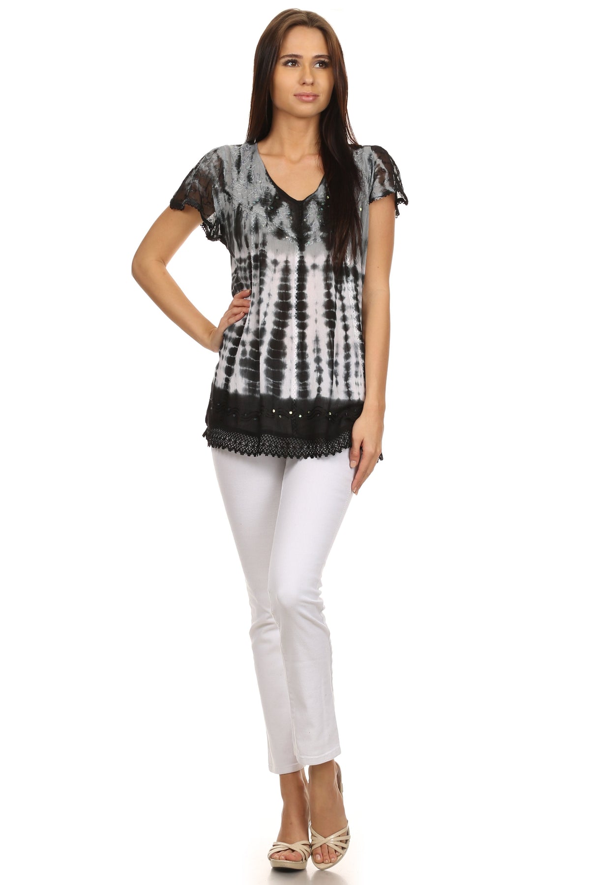 Sakkas Violet Embroidery Tie Dye Sequin Accents Blouse / Top