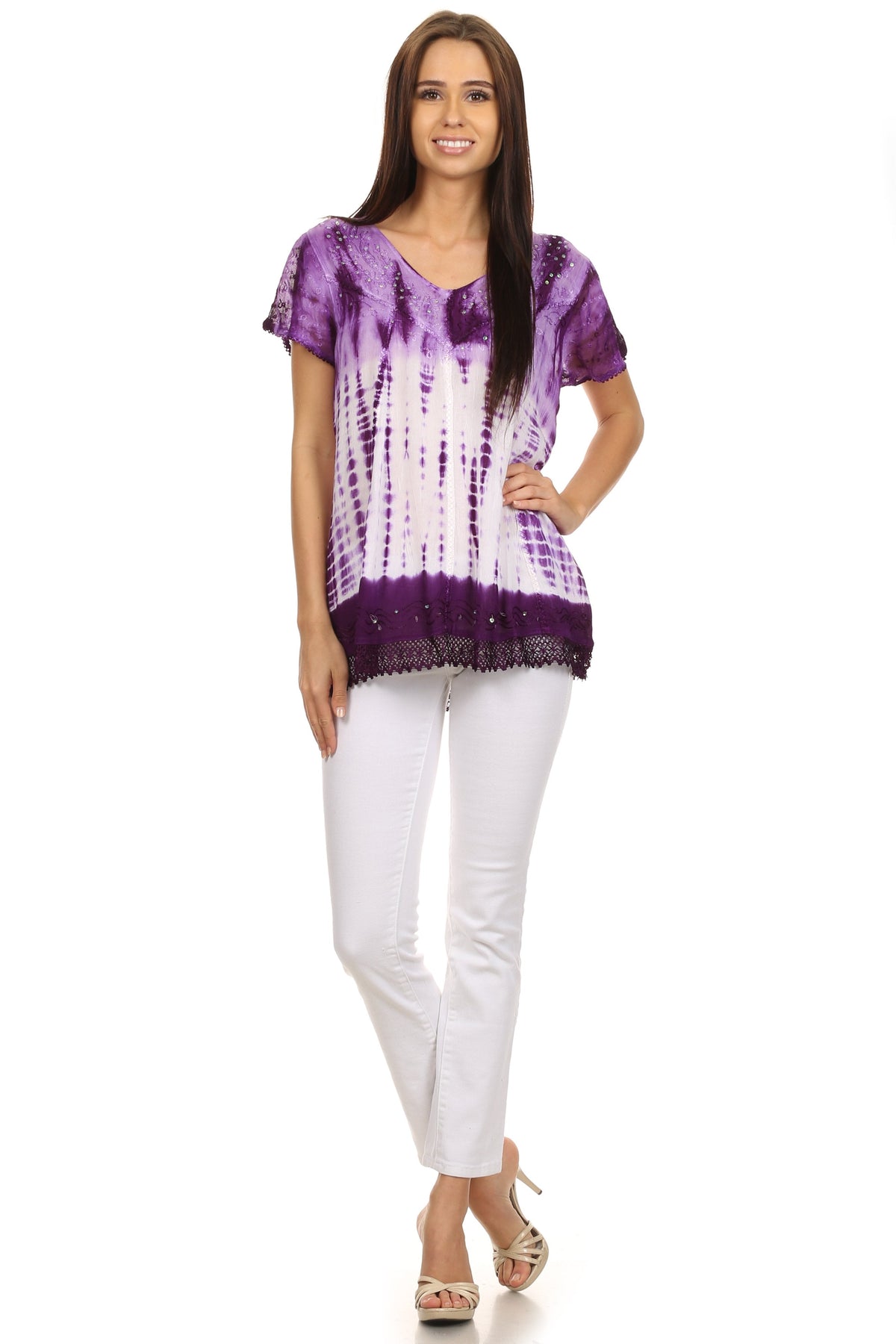 Sakkas Violet Embroidery Tie Dye Sequin Accents Blouse / Top