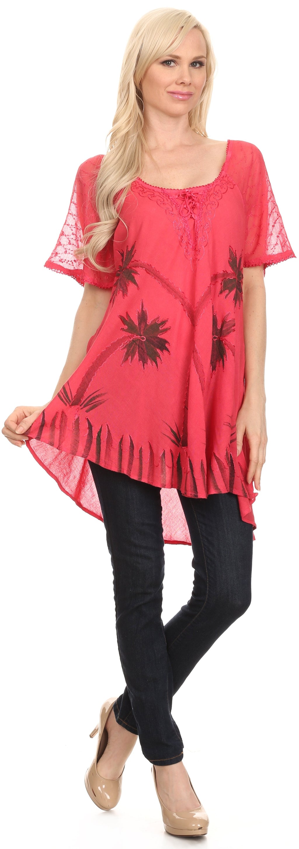 Sakkas Albina Island Relaxed Fit Embroidery Cap Sleeves Blouse / Top
