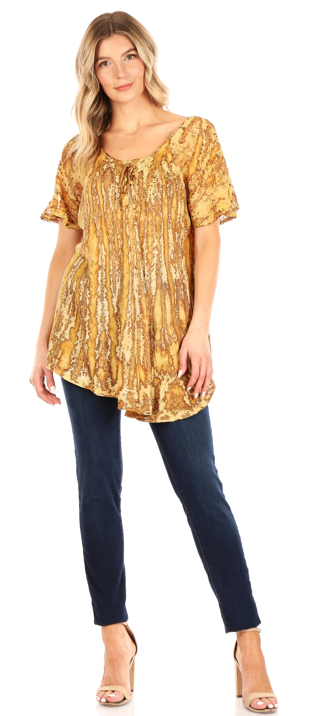 Sakkas Zoya Marbled Embroidery  Cap Sleeves Blouse / Top