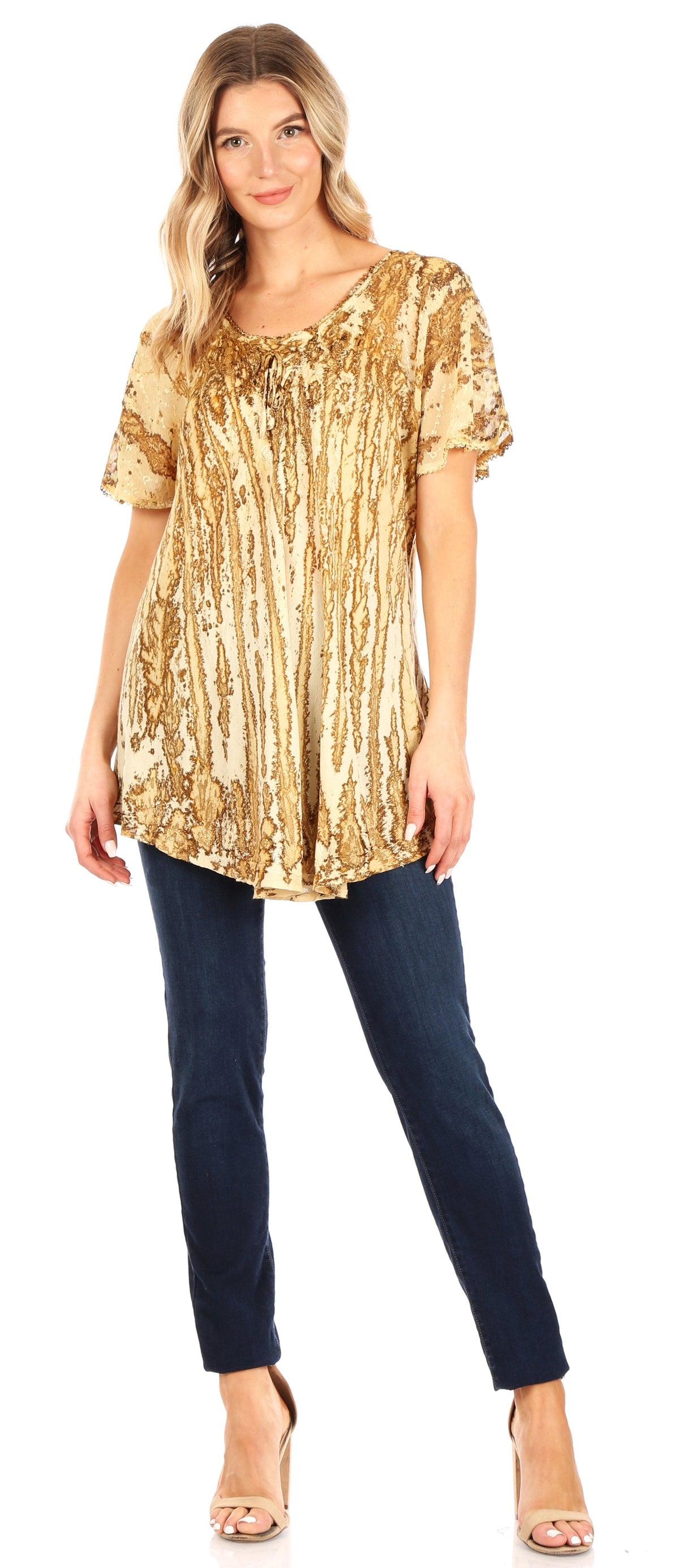 Sakkas Zoya Marbled Embroidery  Cap Sleeves Blouse / Top