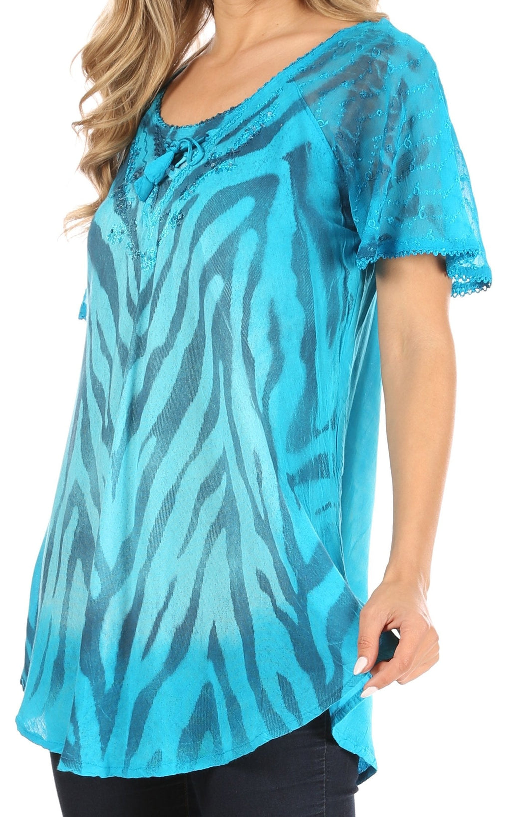 Sakkas Petra Women's Casual Loose Flared Corset Short Sleeve Lace Blouse Top Tunic