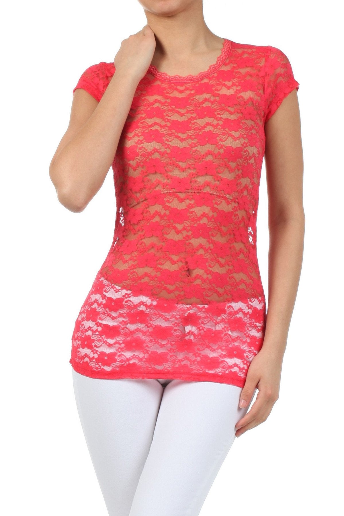 Sakkas Stretch Floral Lace Cap Sleeve Tunic Length Tee - Made in USA
